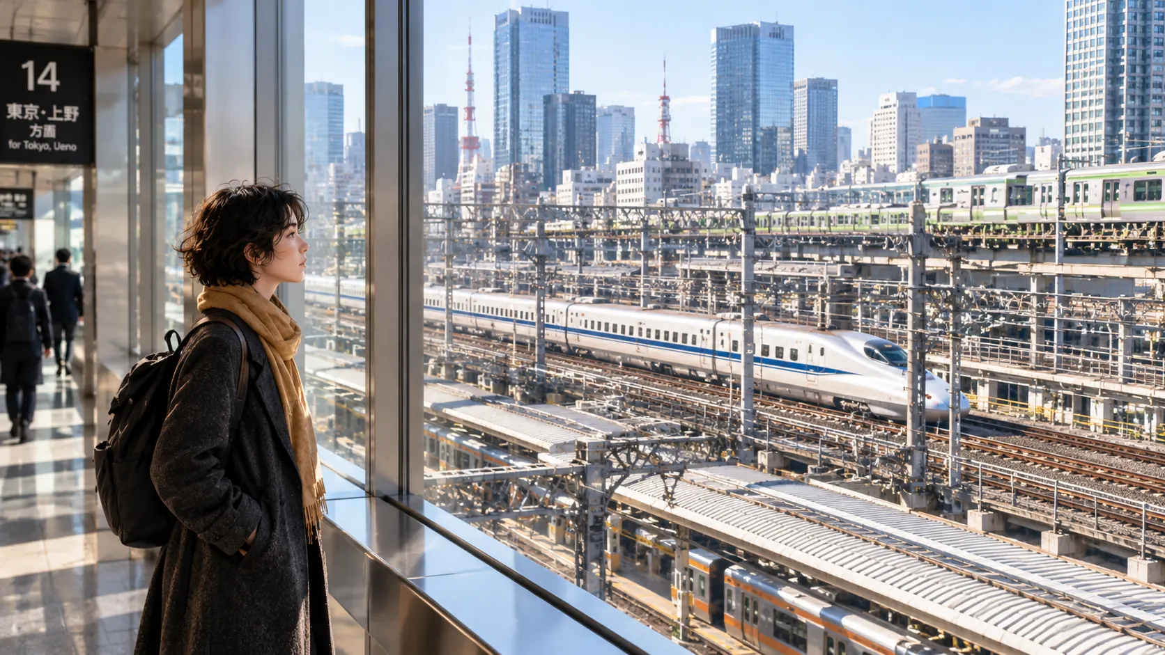 A traveller in a charcoal coat and ochre scarf looks out from a station window over Tokyo’s dense web of railway tracks and trains.