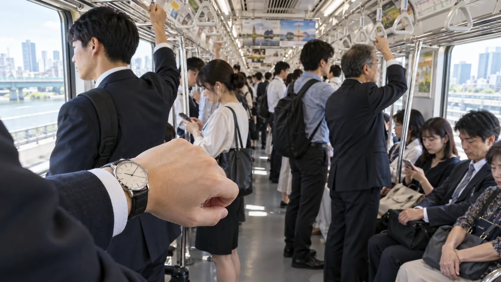 Commuters stand holding straps in a crowded Japanese train carriage, with a wristwatch in the foreground marking the hours spent travelling.