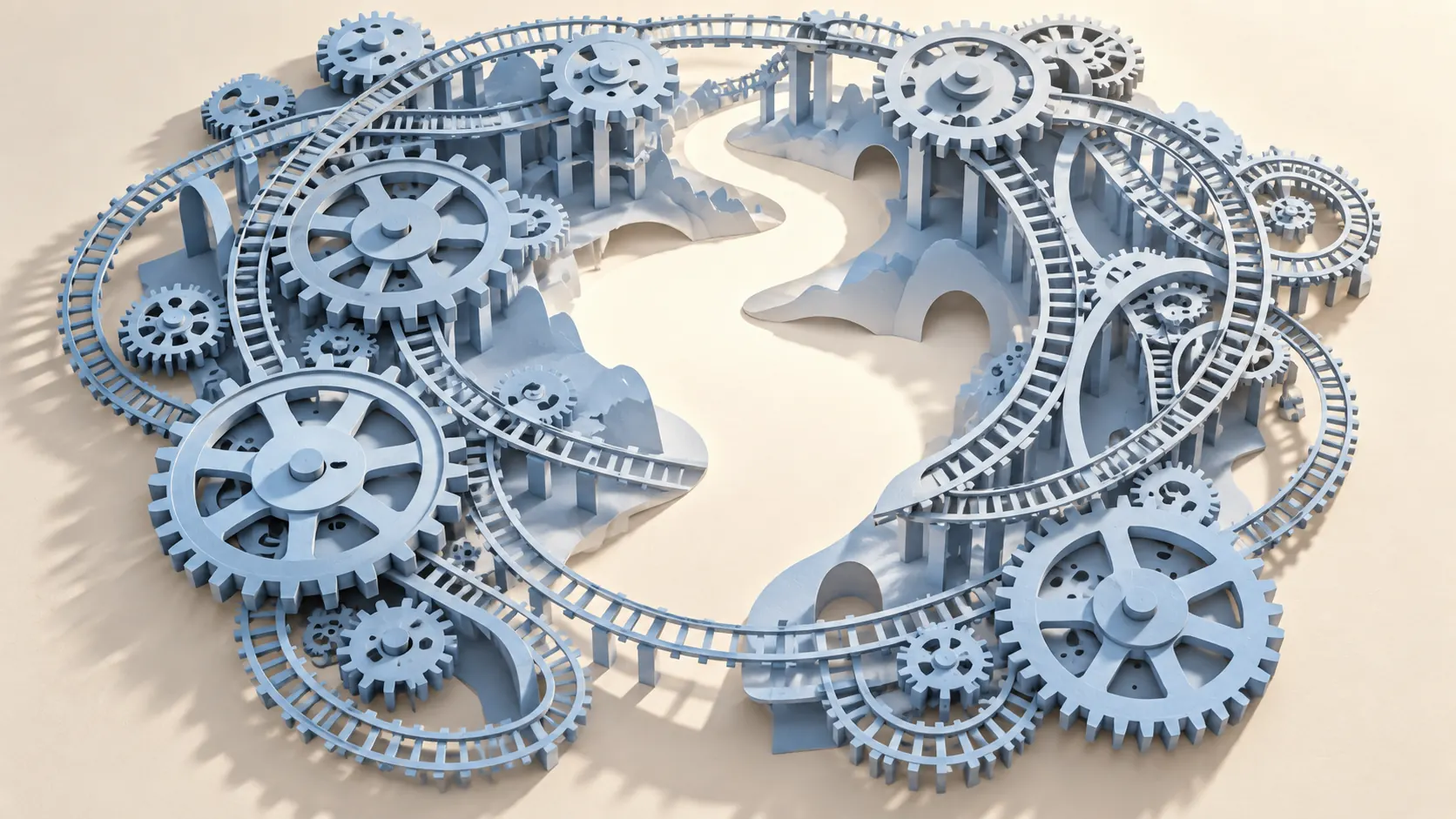 A paper relief of pale blue gears and looping railway tracks encircles an open, winding path at its centre.