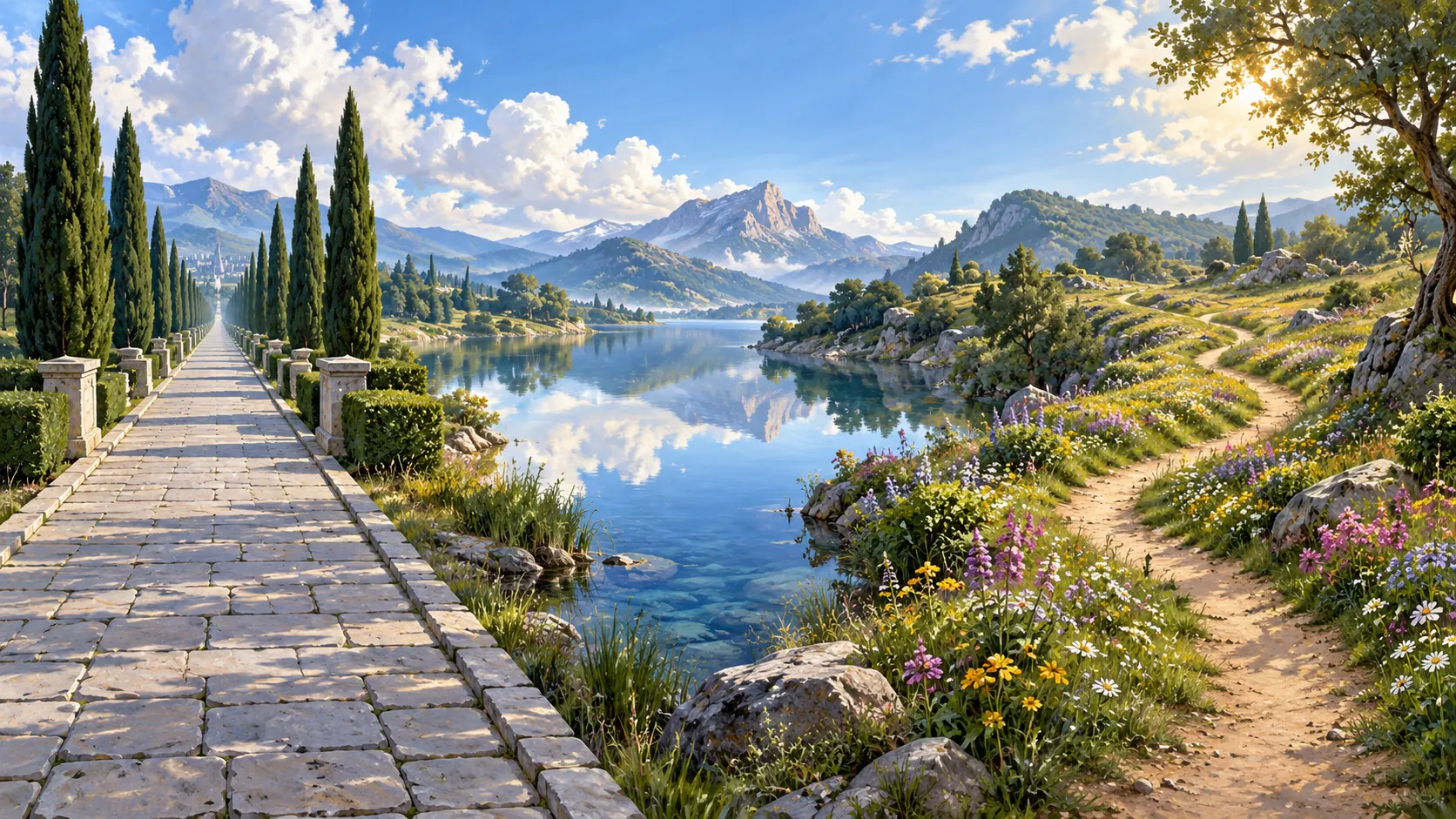 A straight paved road and a winding meadow path run on either side of a still lake that mirrors the mountains.
