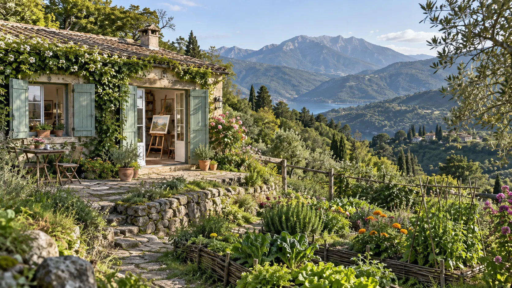 A secluded stone cottage and studio, an easel visible through its open door, sits among gardens on a green hillside facing distant mountains.