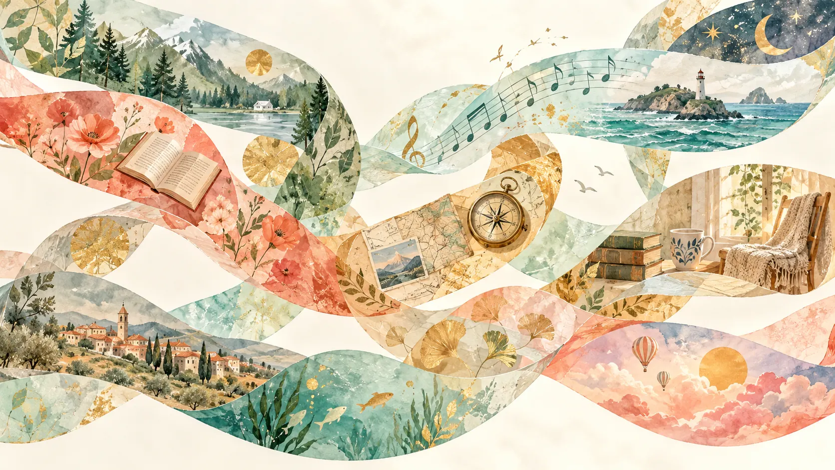 Translucent ribbons filled with tiny landscapes, music and everyday objects weave together while each keeps its own pattern.