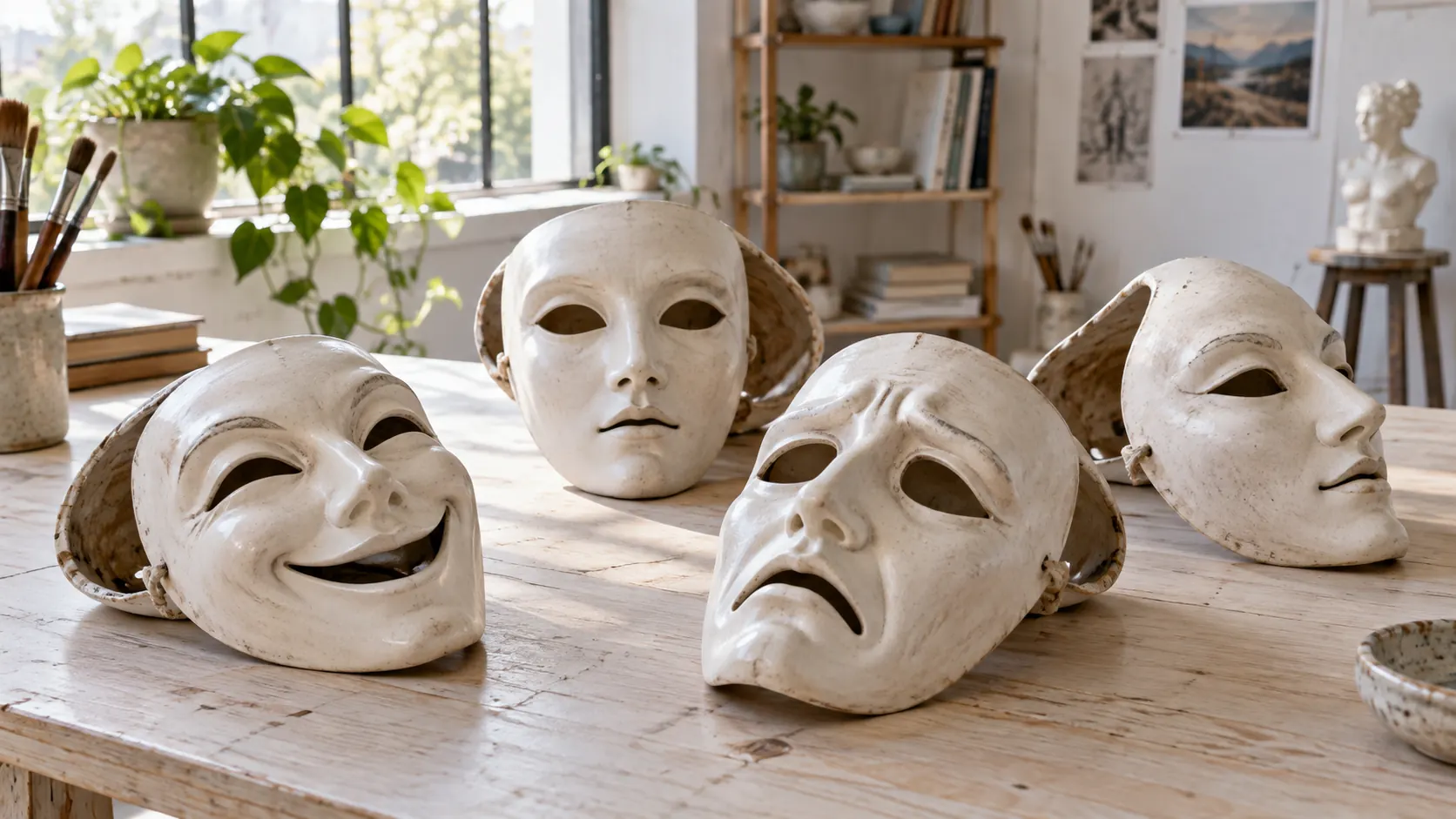 Four white ceramic theatre masks with different expressions rest on a pale wooden table in a bright studio.