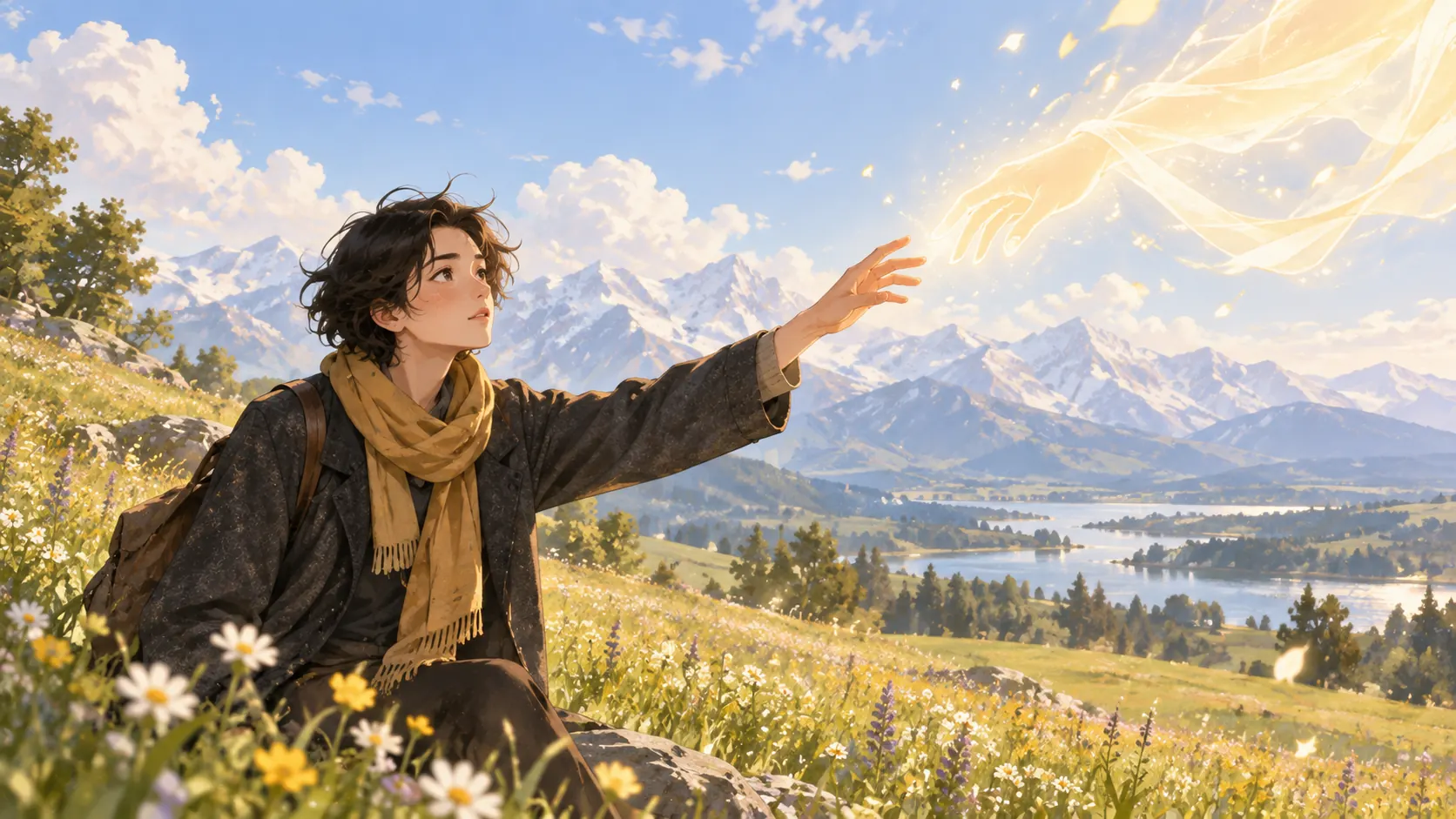 In a bright mountain meadow, the traveller reaches toward a hand formed of warm light.