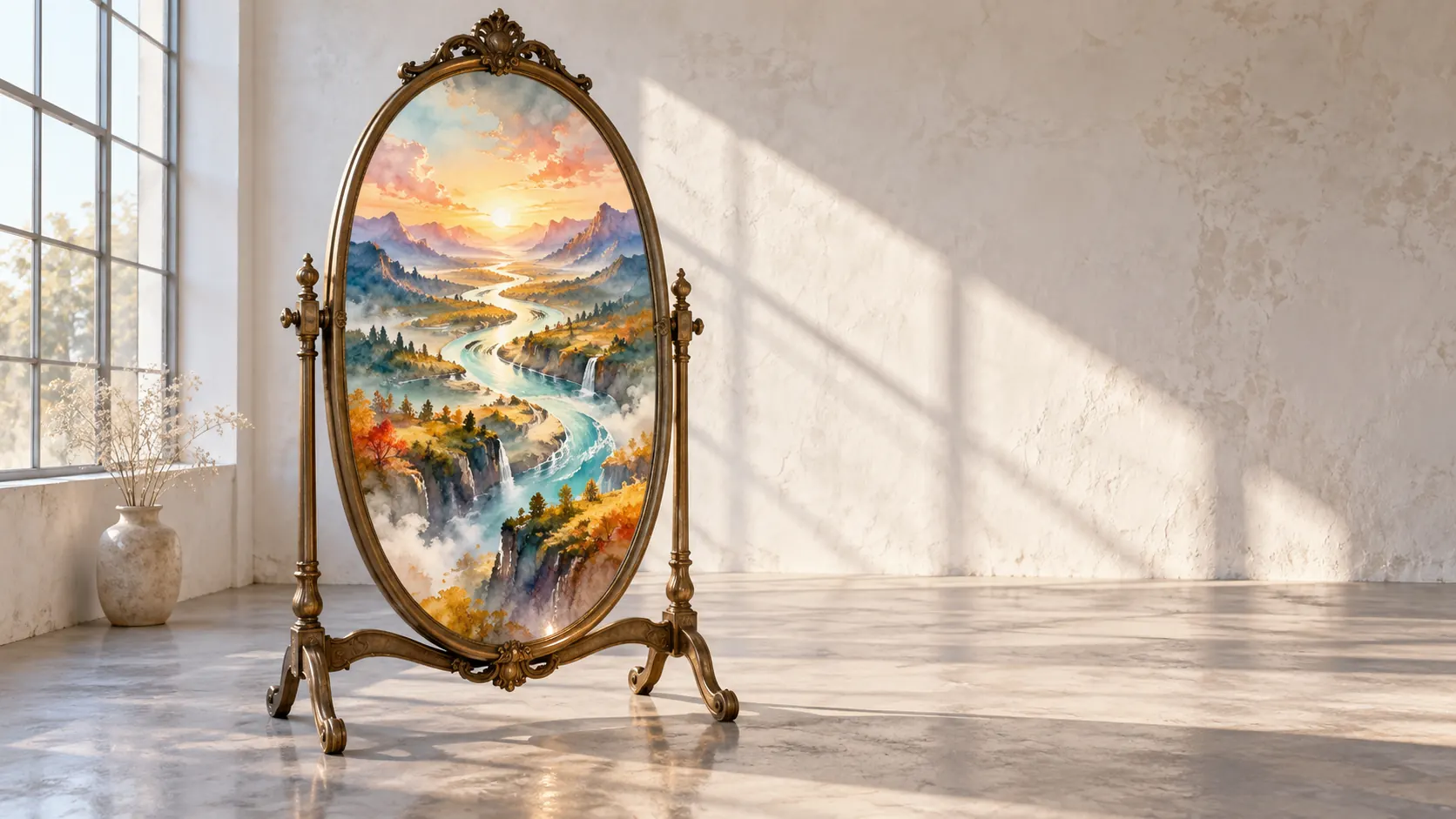 An antique oval mirror in an empty sunlit room reflects a luminous landscape of branching rivers instead of the room around it.