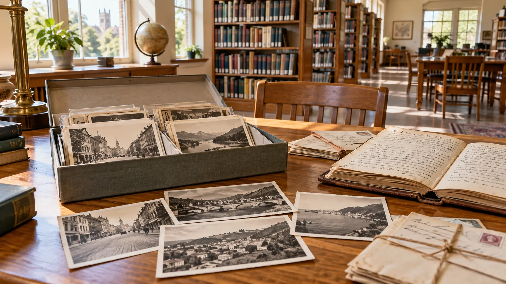 A box of old photographs, a worn journal and bundled letters lie open on a reading table in a sunlit library.