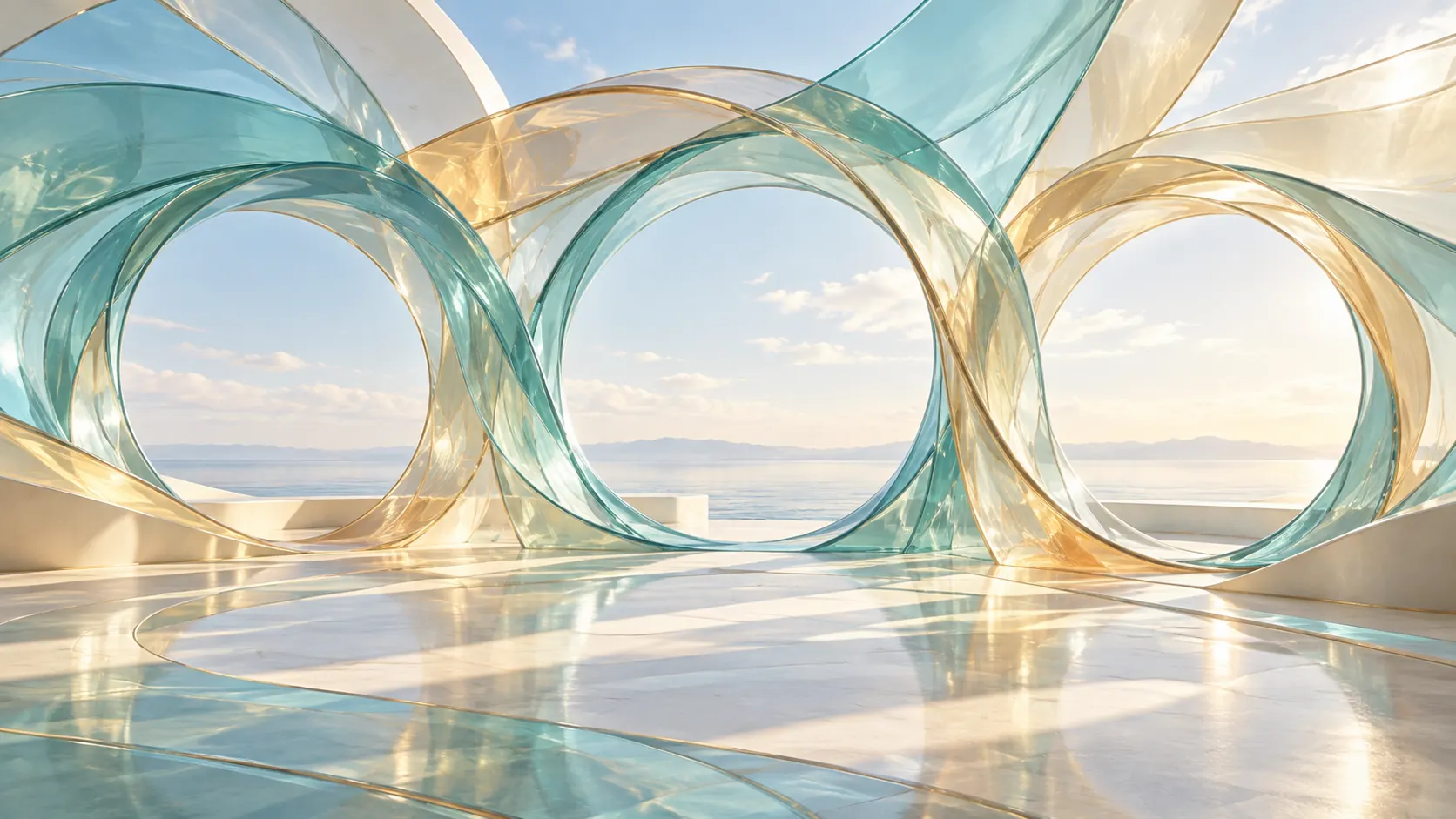 Supple bands of translucent coloured glass bend and interlock to form three wide openings filled with light.