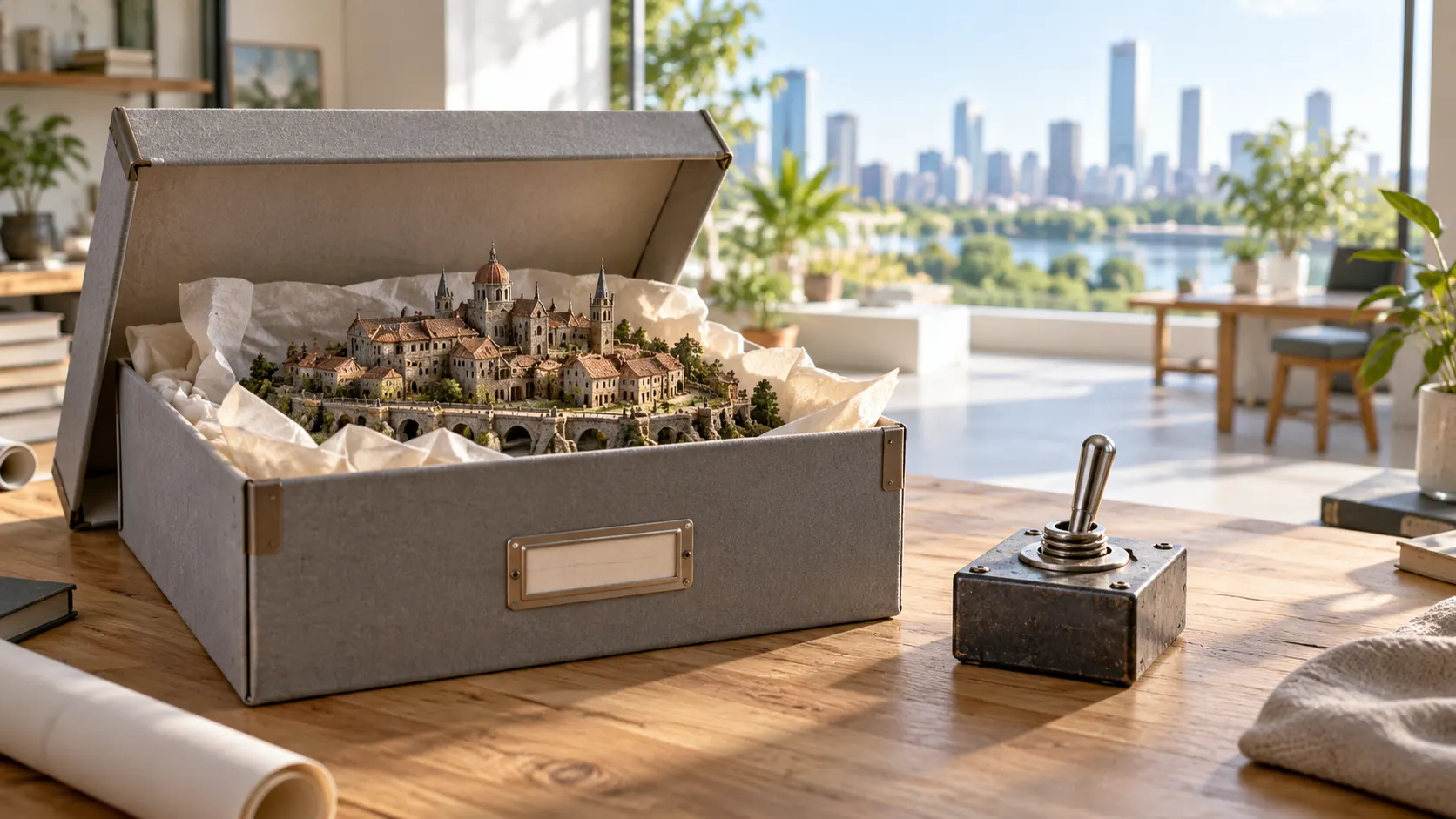 A toggle switch sits on a workbench beside an archival box holding a miniature old town, with a bright modern skyline beyond the window.