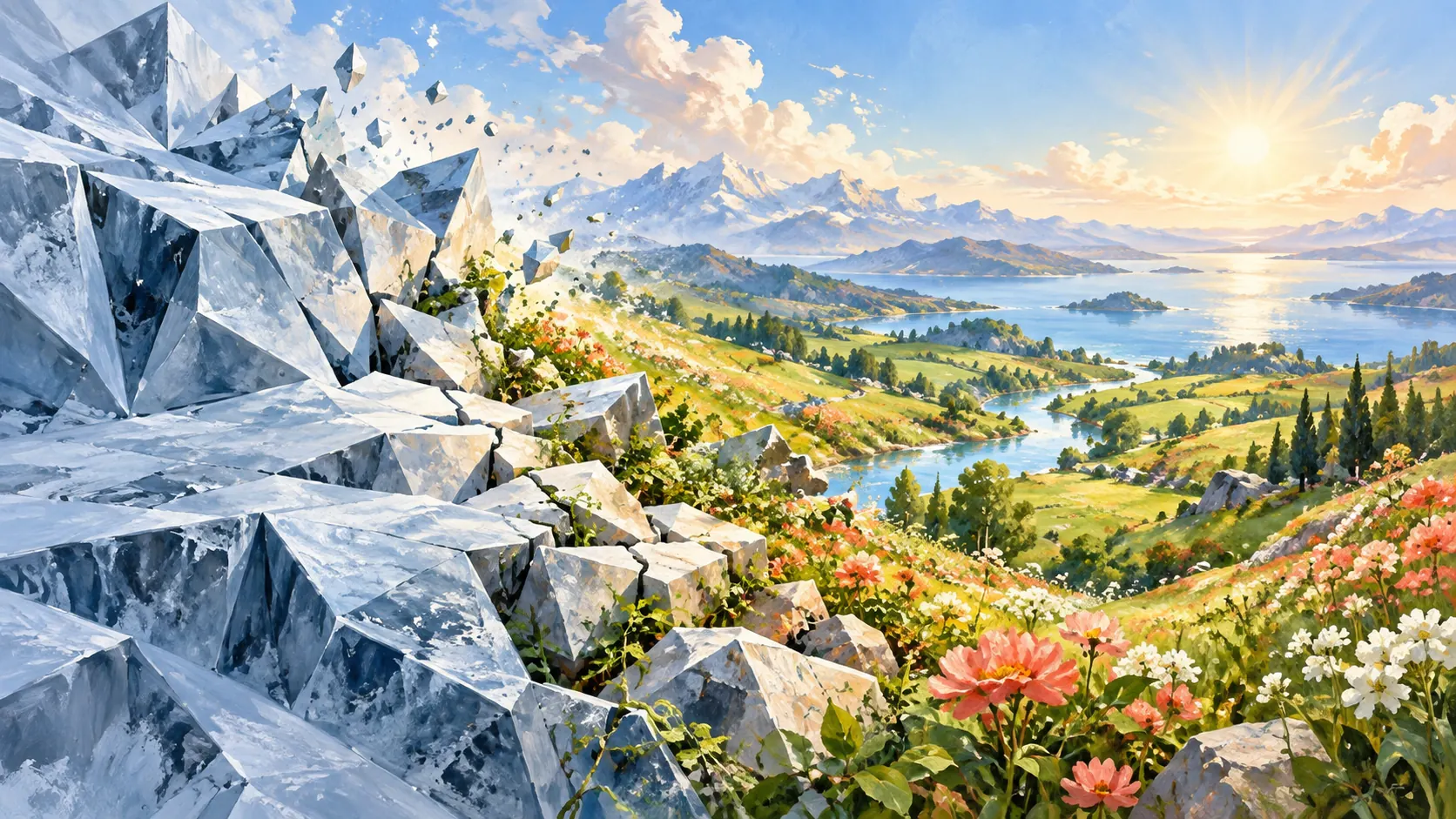 Rigid icy geometric forms give way to flowering fields, rivers and a sunlit horizon.