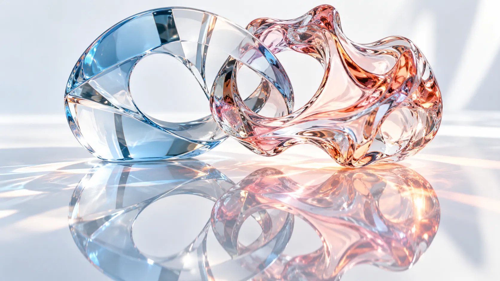 Two interlocking glass sculptures, one smooth and orderly and one freely irregular, mirror each other on a bright reflective surface.