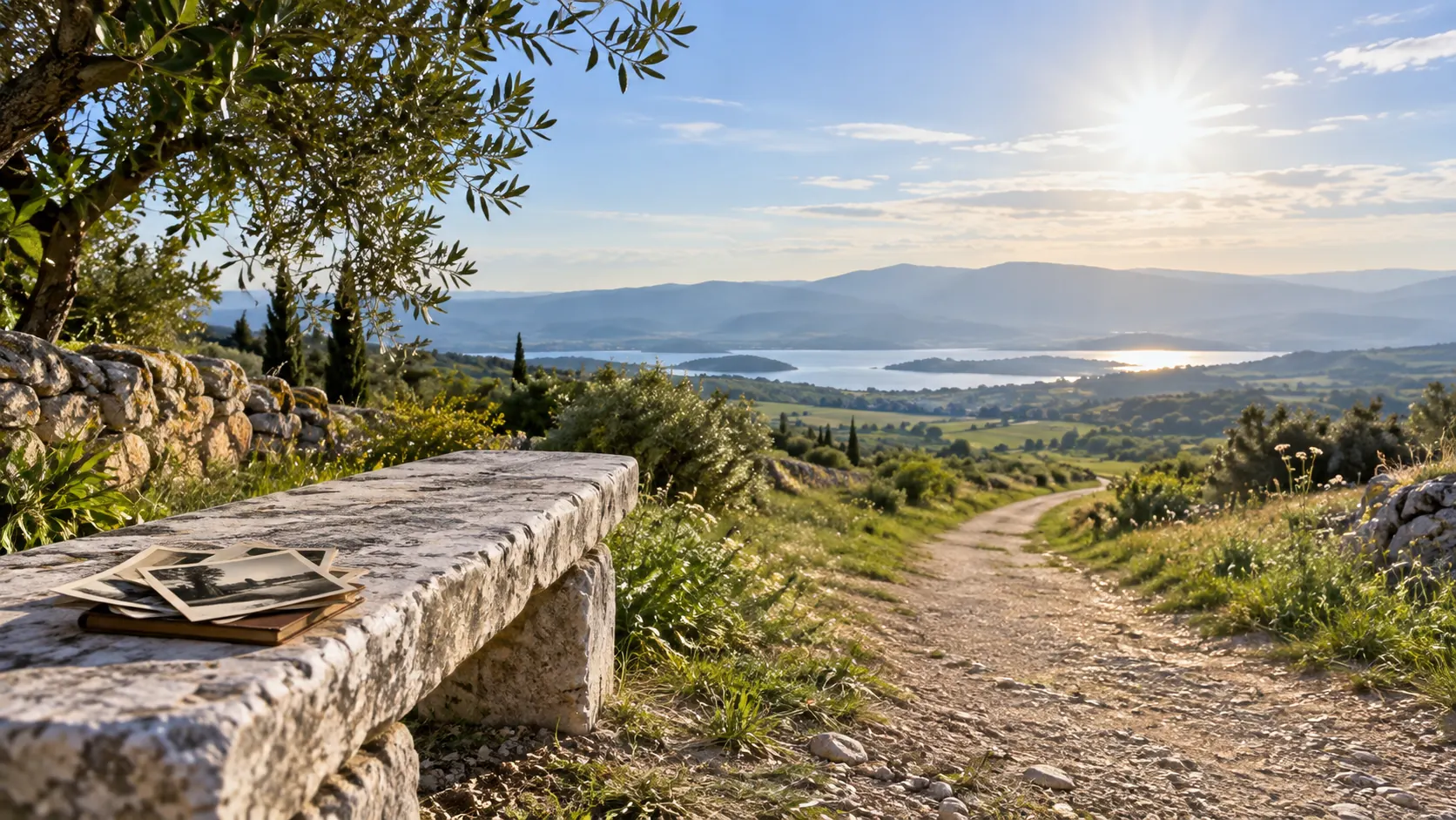 Old photographs rest on a stone bench as a sunlit path leads away toward a wide open horizon.