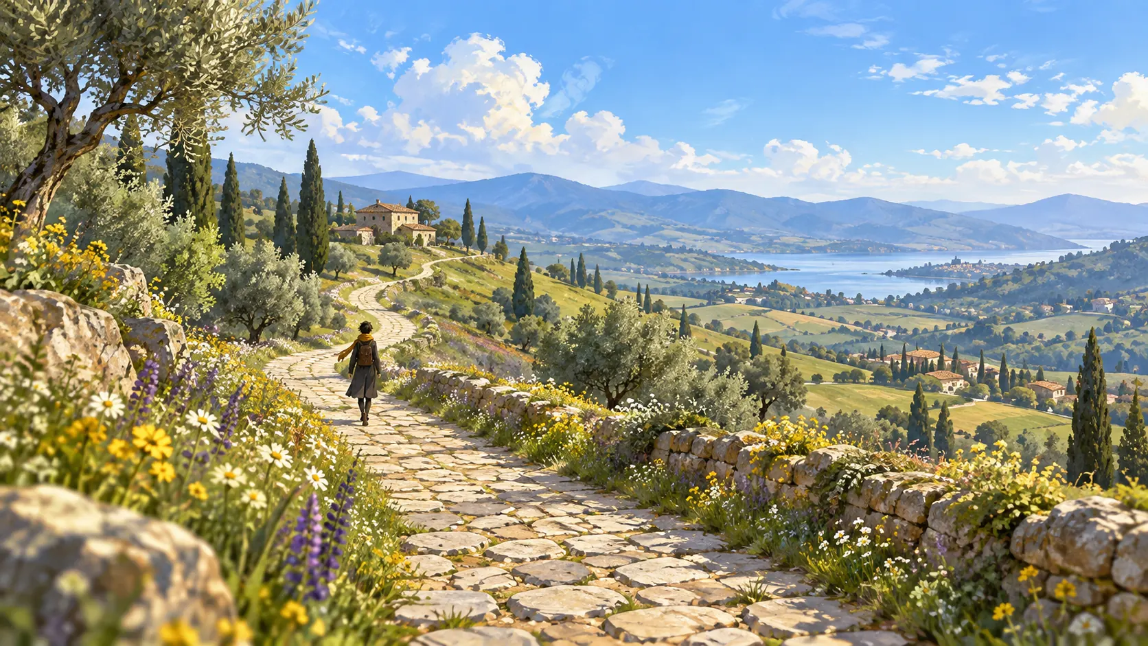 The traveller, a small figure, walks away along a winding stone road through wildflowers and rolling hills.