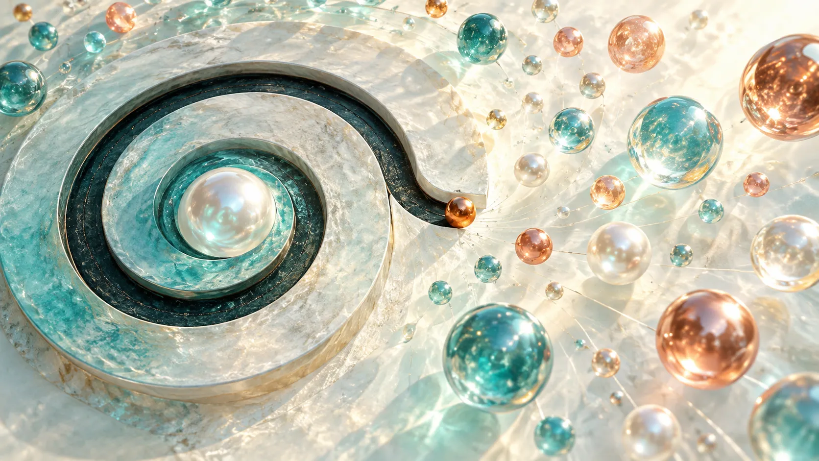 A glossy spiral groove turns inward on a pale disc while dozens of translucent spheres in teal, rose and amber drift outward into the light.