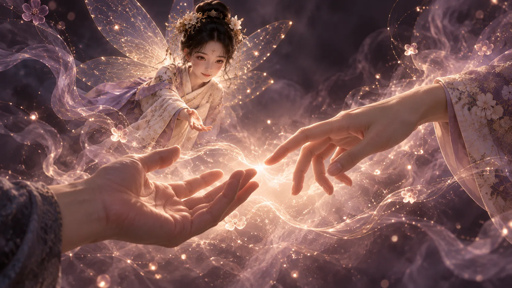 Seity, a small winged figure in a pale kimono, reaches through swirling violet mist as a human hand stretches up to meet hers, light gathering where their fingers almost touch.