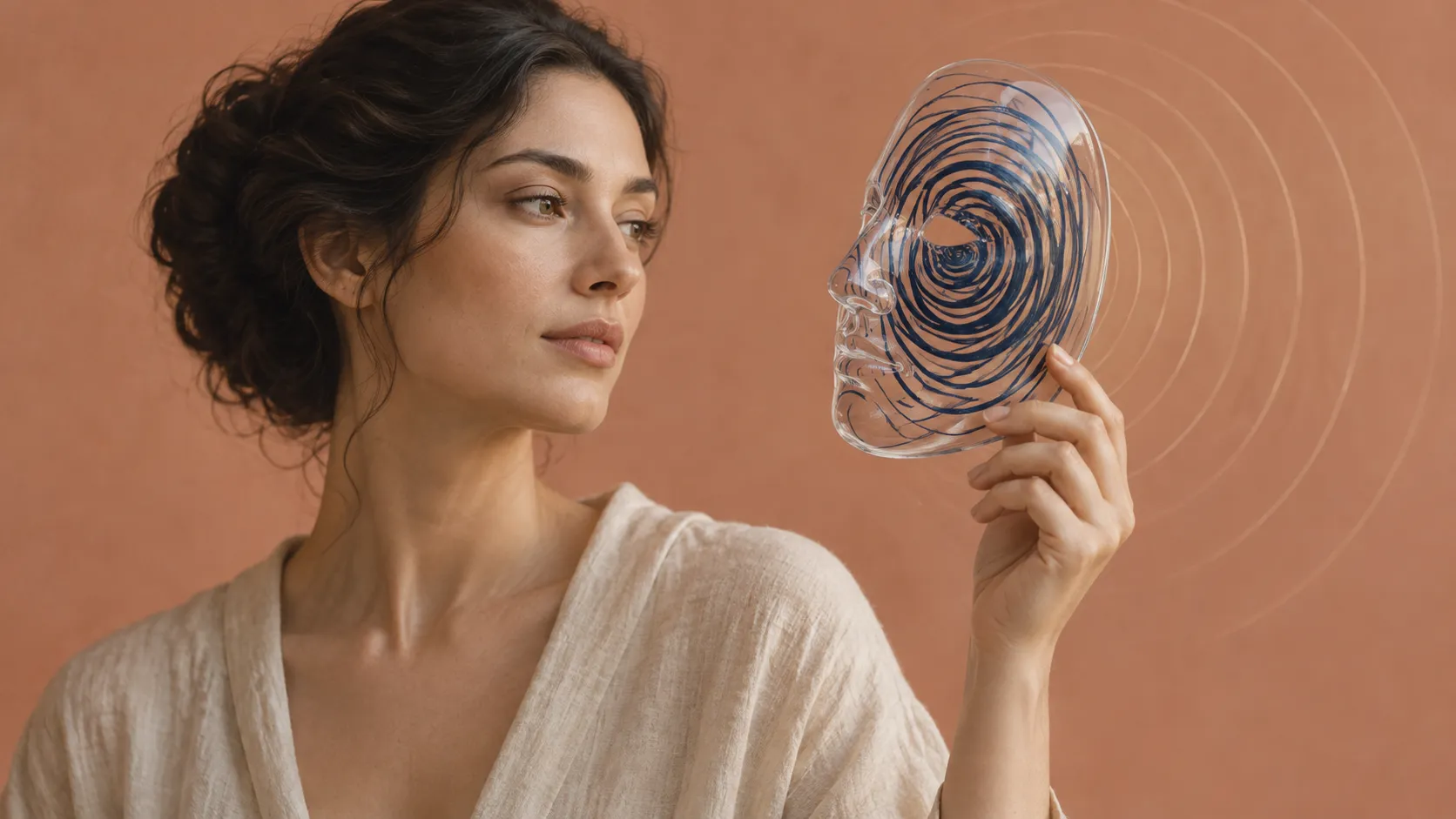A woman in a cream linen top holds a clear spiral mask beside her face and looks calmly past it, against a warm terracotta wall.