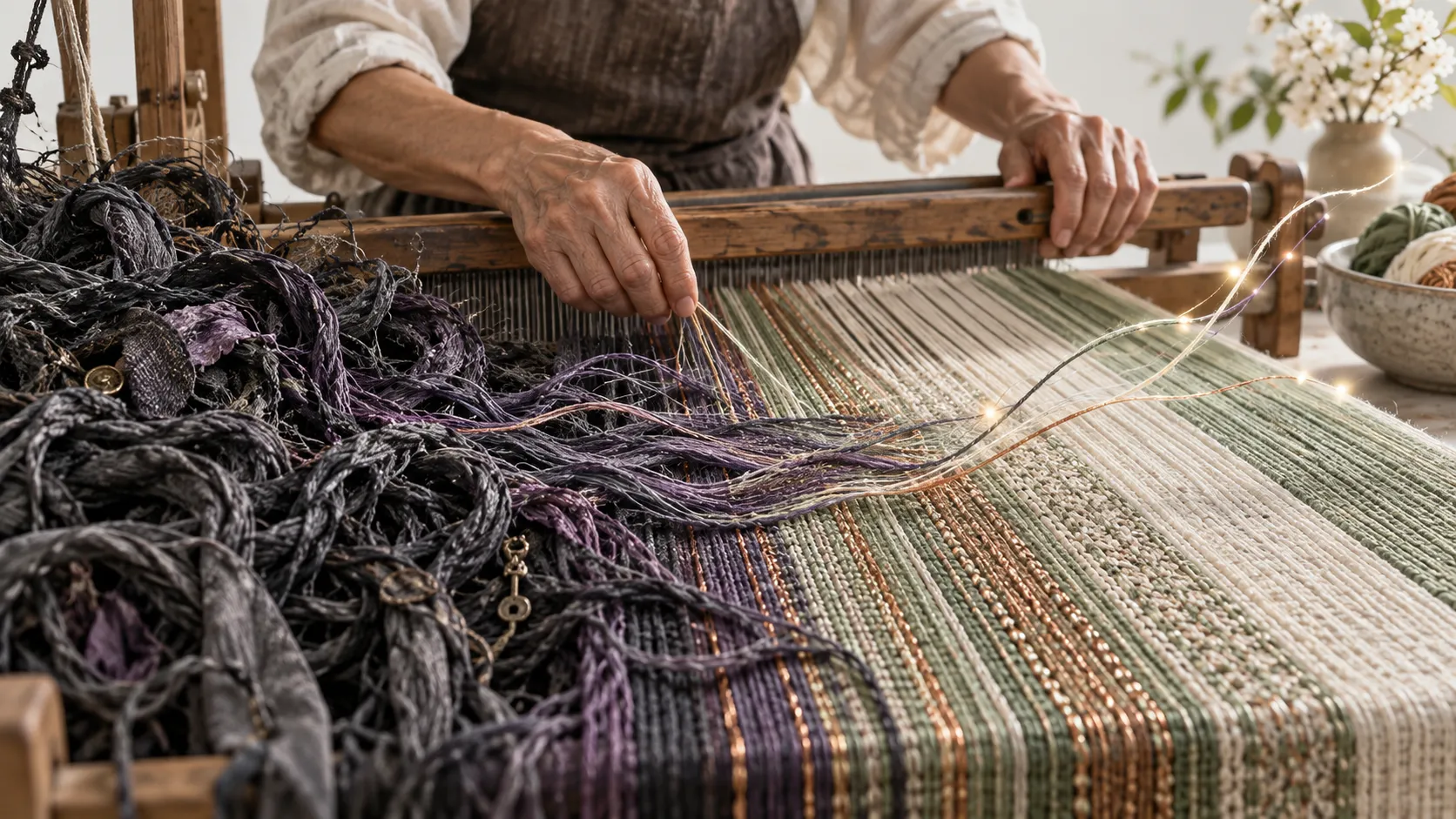 Hands at a wooden loom weave tangled dark threads into a calm, even band of green and cream cloth.