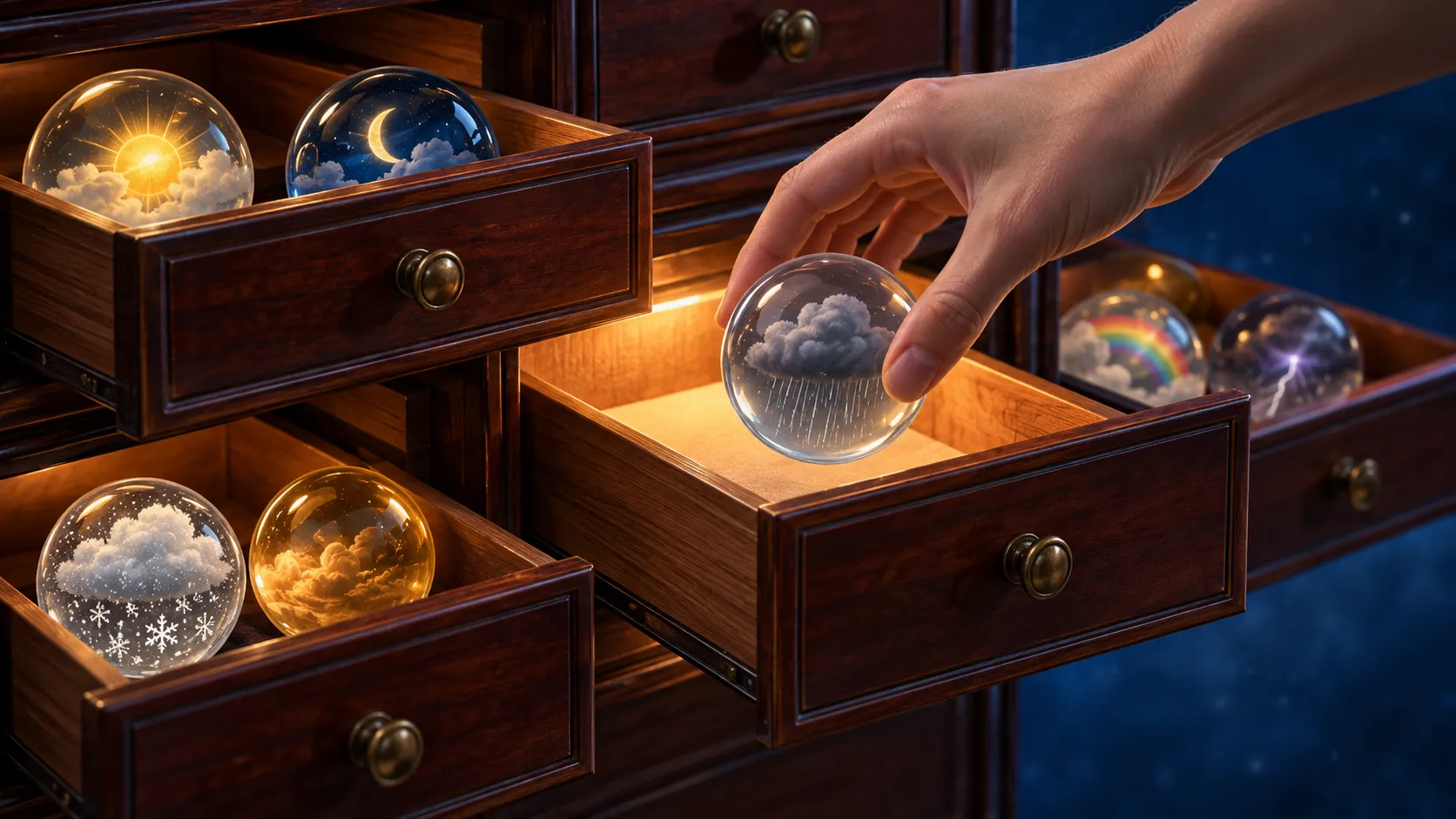 A hand lifts a glass sphere holding a small storm cloud from an open wooden drawer, while other drawers hold spheres of sun, moon and rainbow.
