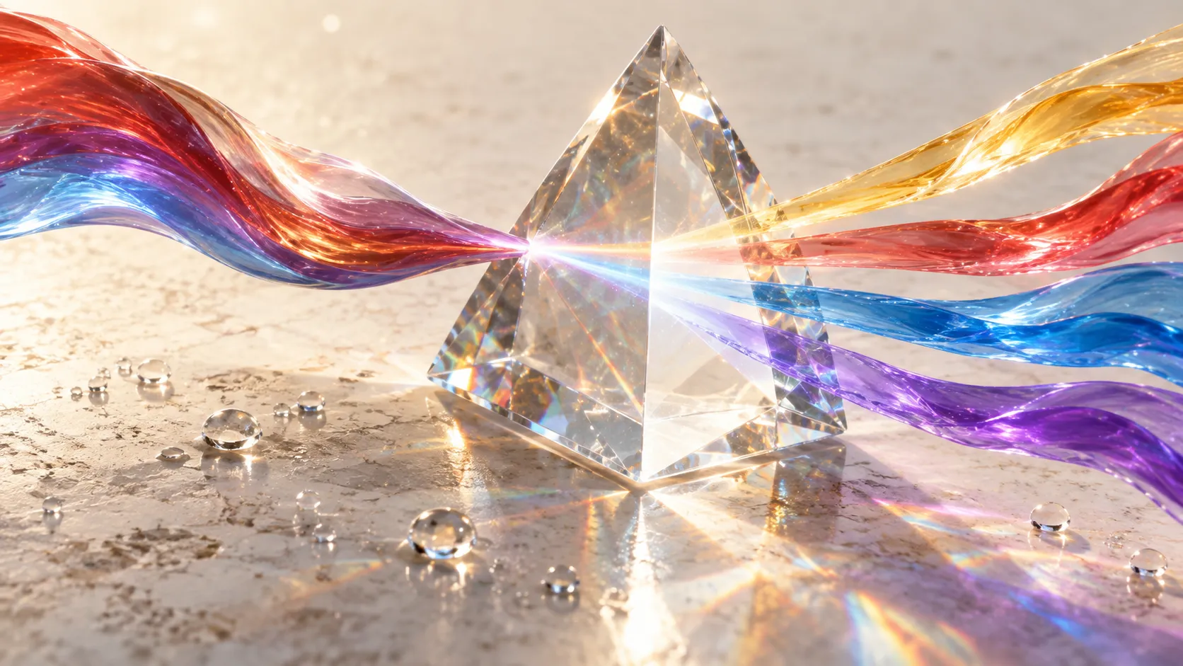 A clear crystal prism on pale sand turns tangled ribbons of red, blue, gold and violet into ordered bands of colour.
