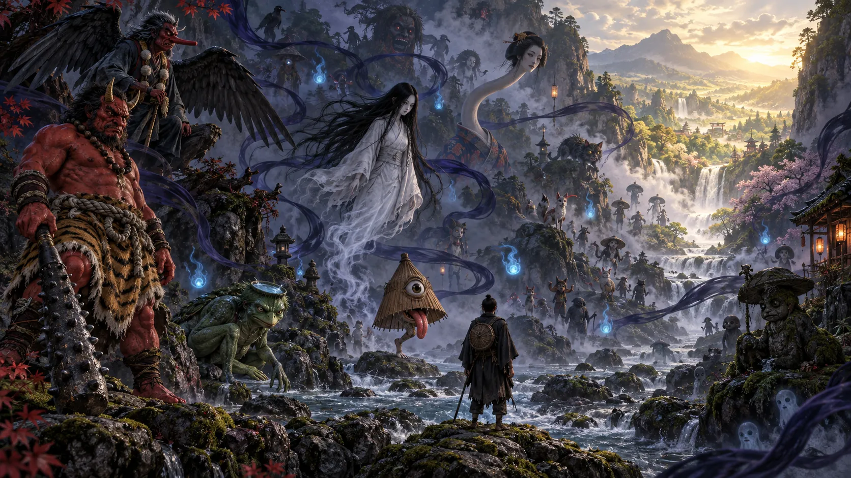 A lone traveller walks a valley path crowded with Japanese yōkai—a red oni, a pale ghostly woman, a one-eyed spirit—toward sunlit mountains beyond.