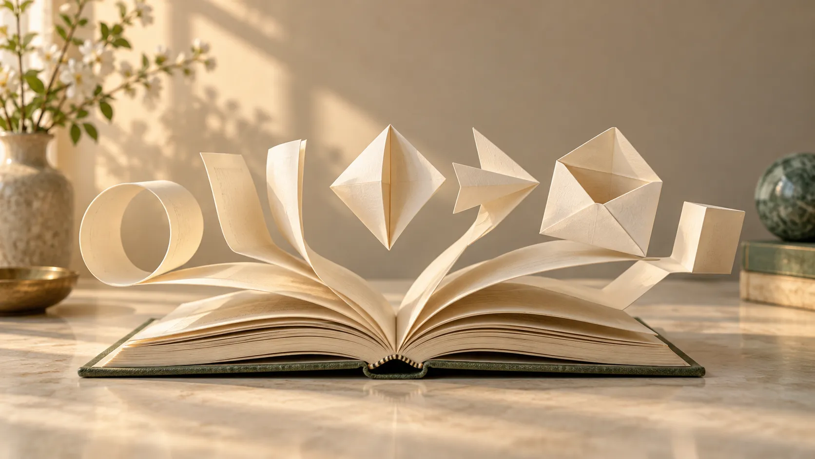 An open book on a sunlit table, its pages folding up into simple paper shapes: a curl, a pyramid, an arrow.