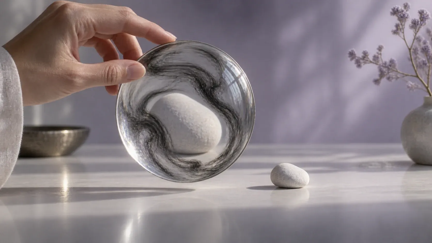 A hand holds up a clear glass sphere with a smooth white stone inside, wrapped in a swirl of grey smoke; a second small stone rests on the table.