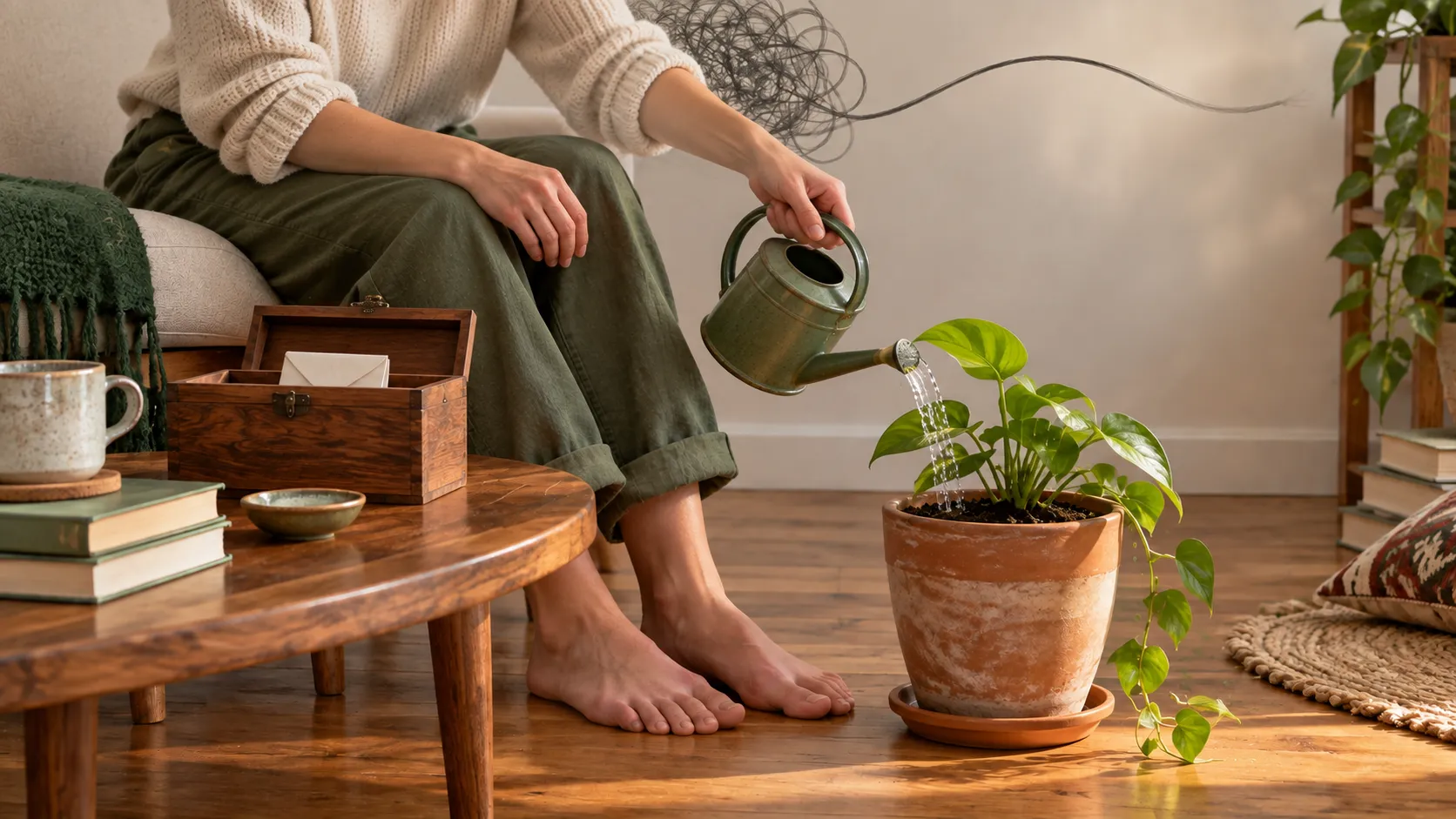 Seated barefoot beside a low table and a small wooden box, a person waters a potted plant as a tangle of dark line drifts away overhead.