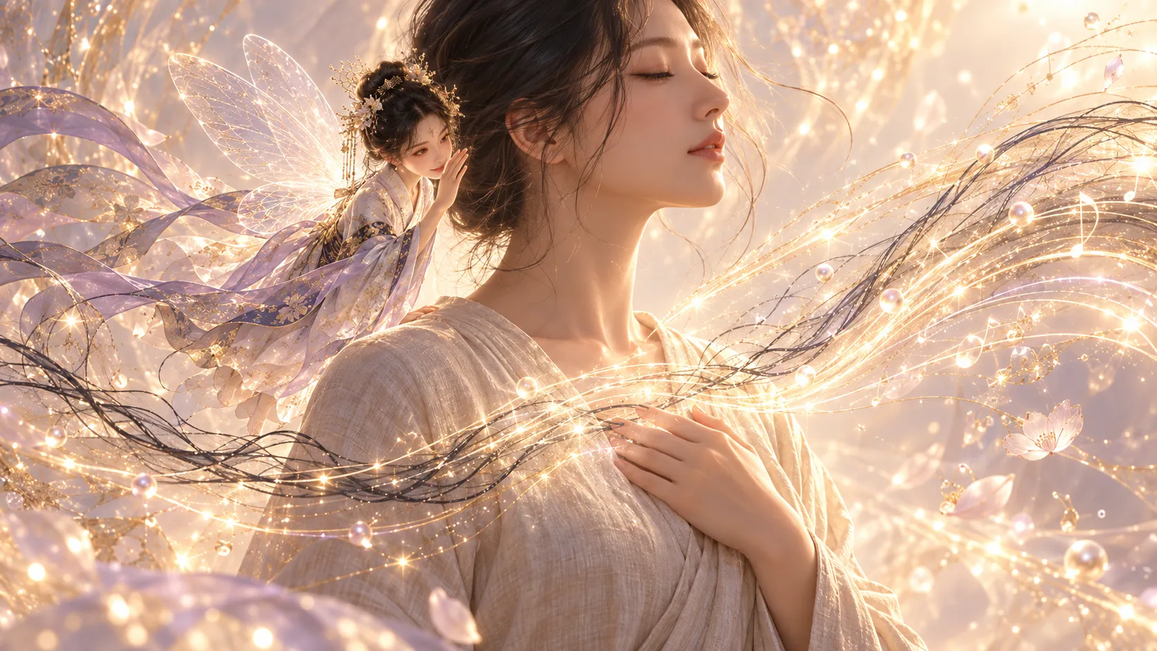 A woman with her eyes closed rests a hand on her heart as Seity hovers at her shoulder, threads of golden light flowing around them both.