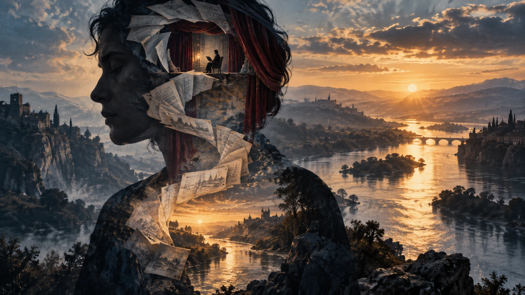 An anonymous profile contains a theater and pages while a broad river continues through the silhouette.