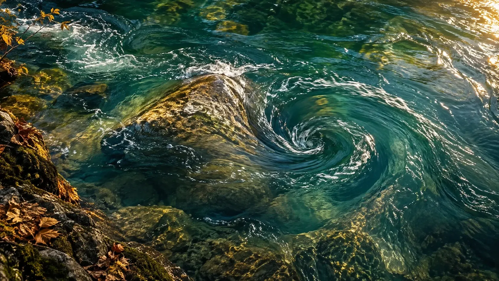A natural eddy takes temporary shape within the same continuously flowing river water.
