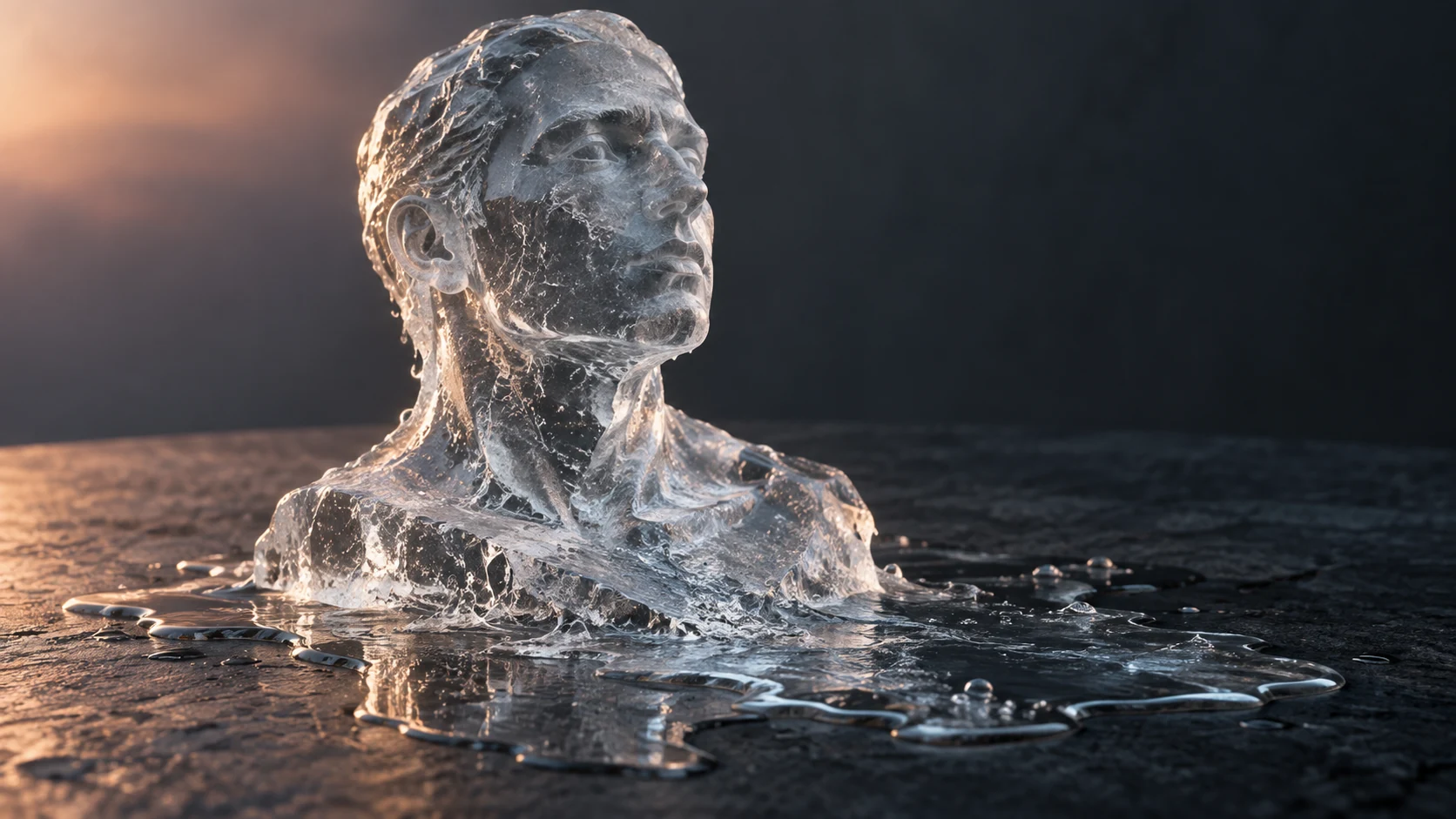 A transparent ice bust melts into a shallow pool on dark slate; its temporary human form changes while the water remains.