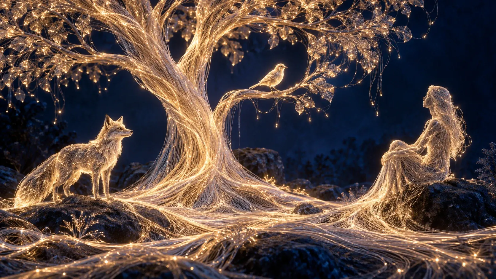 A human, a fox, a bird and a tree share a continuous luminous field of fibers.