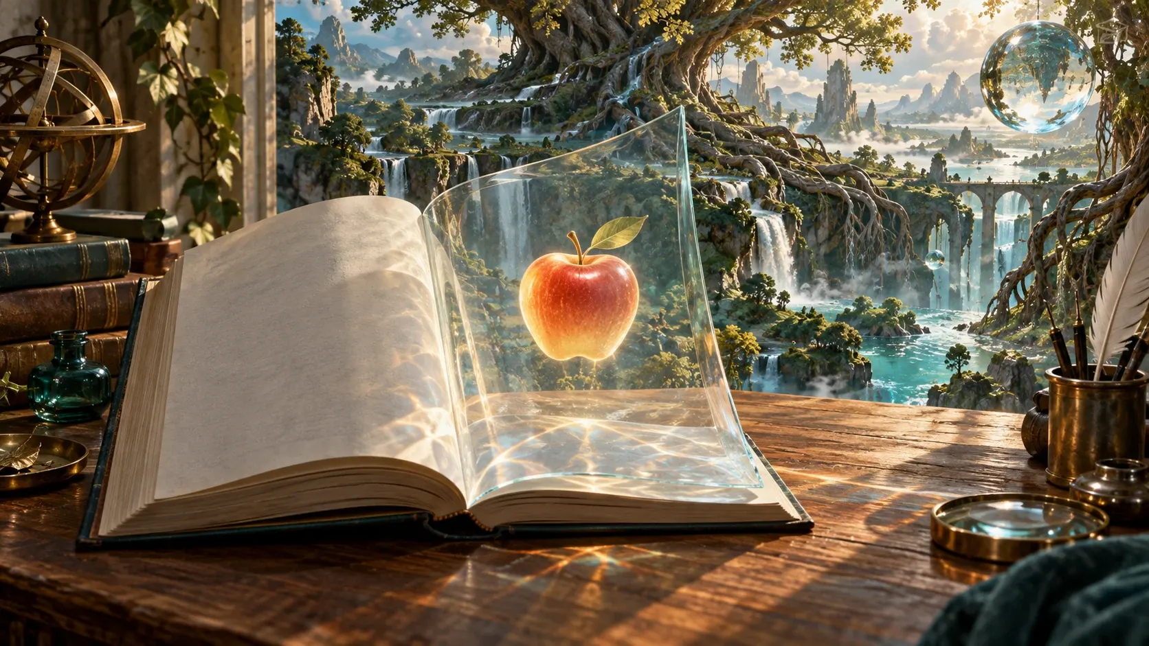 An open book becomes a glass interface showing an apple against a much more intricate living world.