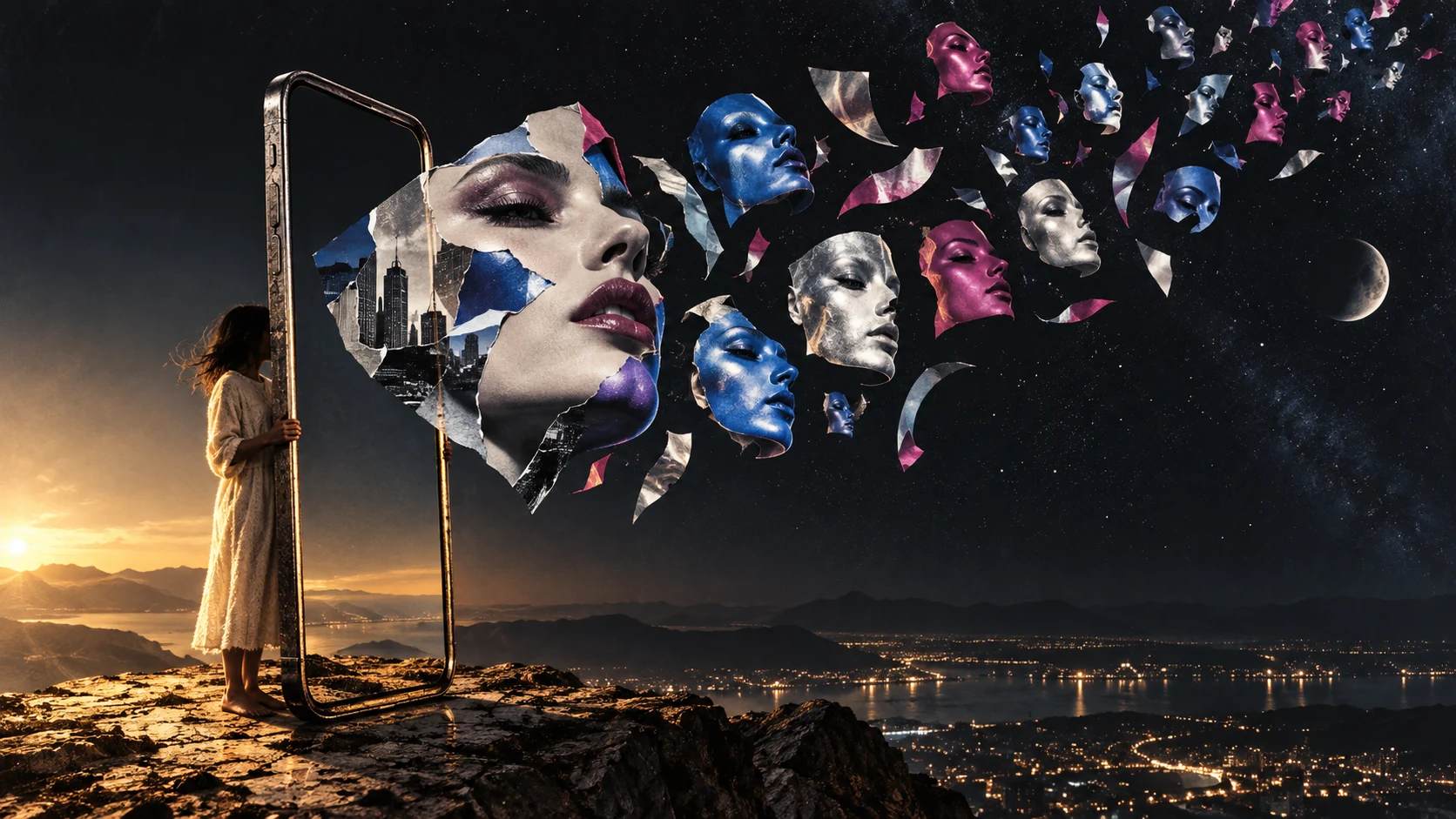 A person behind a phone-shaped frame watches glossy identity masks fragment into the distance.