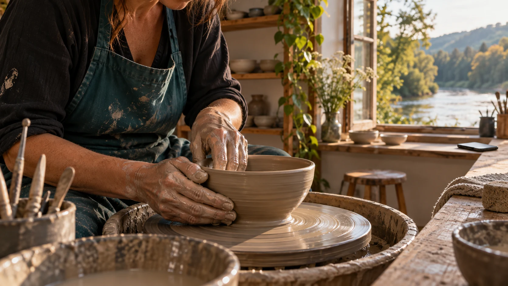 A craftsperson shapes a clay bowl in a sunlit studio beside a river.