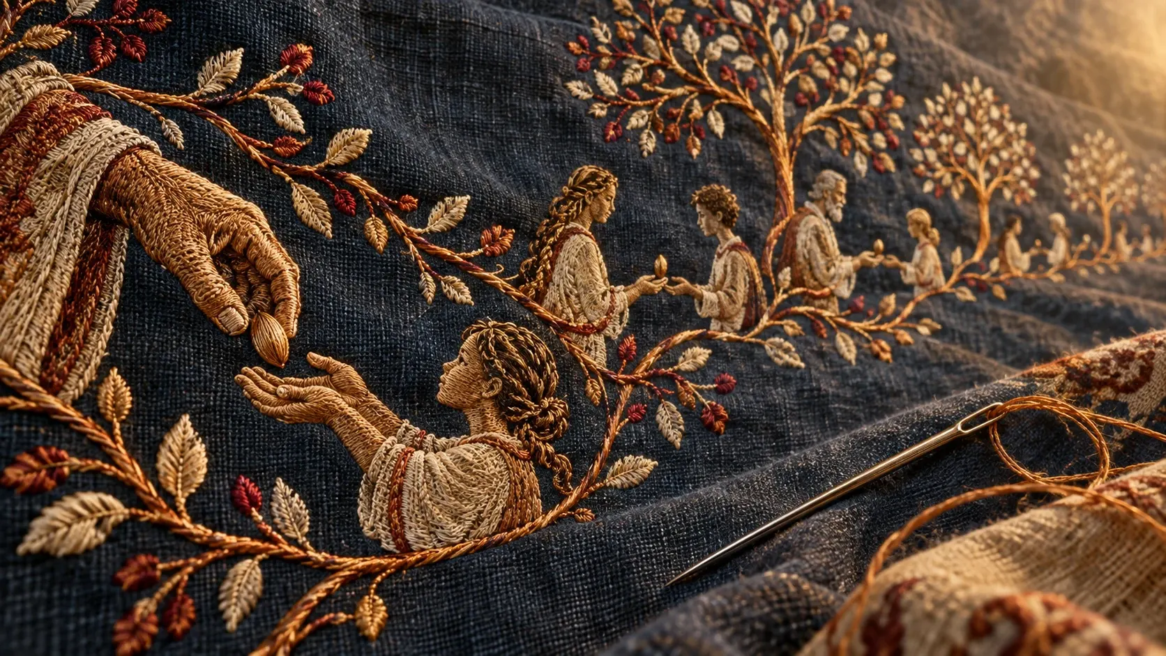 A golden embroidered thread connects generations through hands passing a seed.