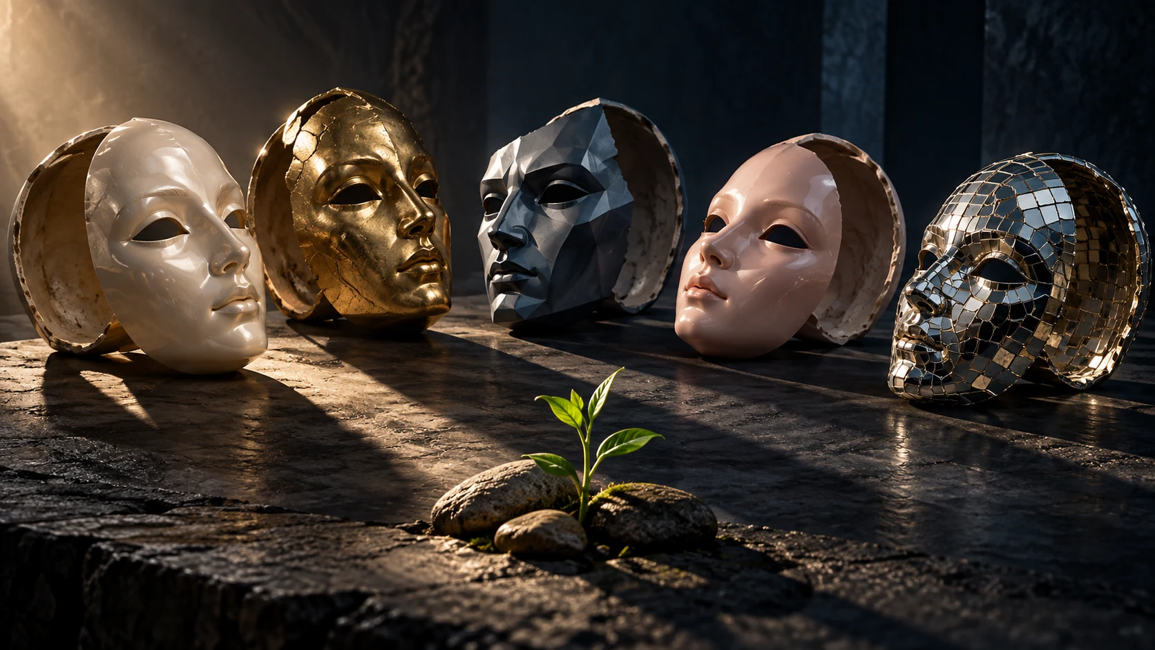 Five hollow masks surround a small living shoot, contrasting appearances with living authenticity.