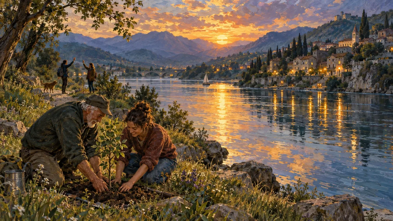 Two generations plant a tree beside a river while friends greet in the distance.