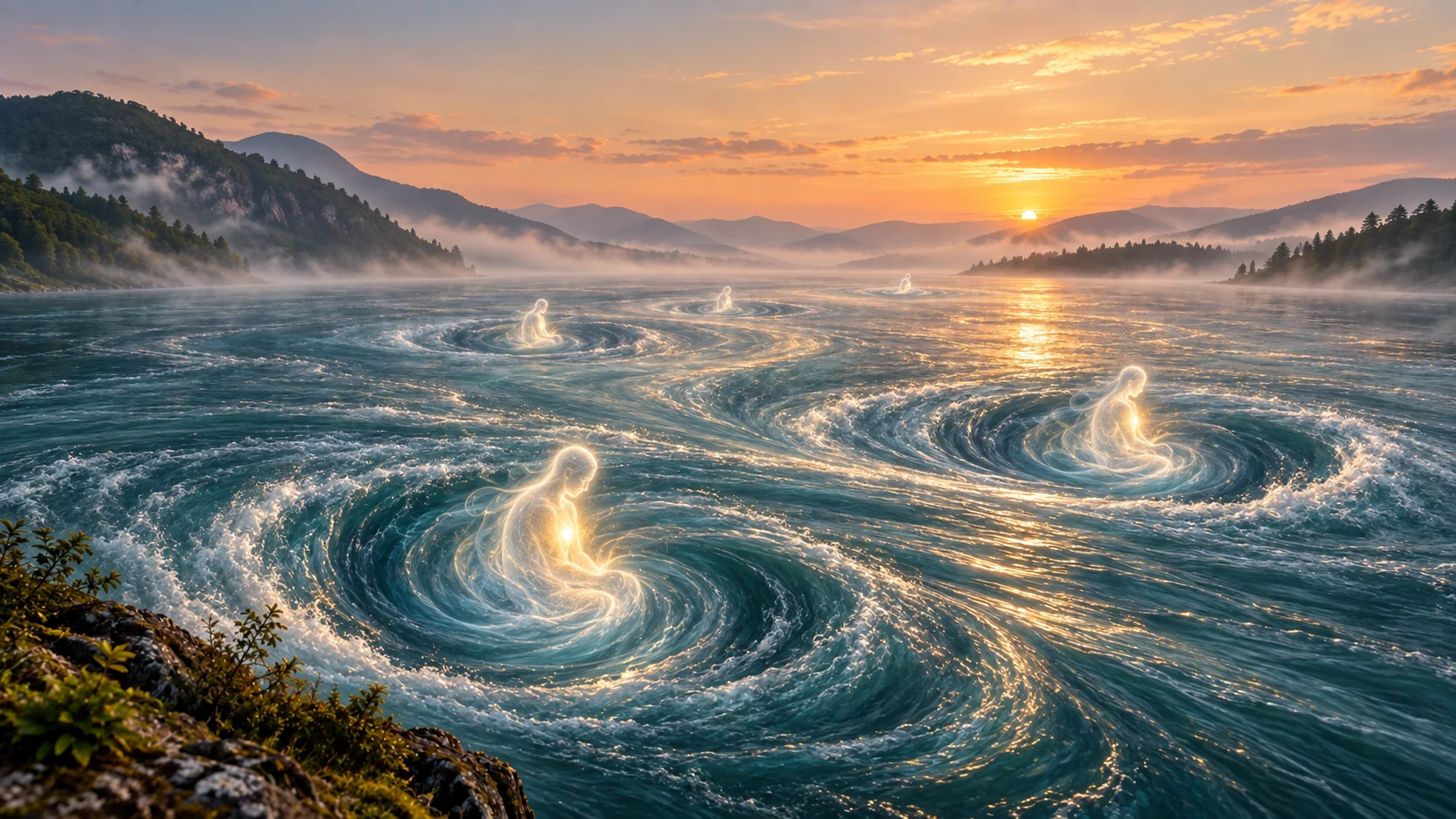 Five translucent figures of light sit within separate whirlpools in one flowing river at dawn, evoking disassociated consciousness within a continuous reality.