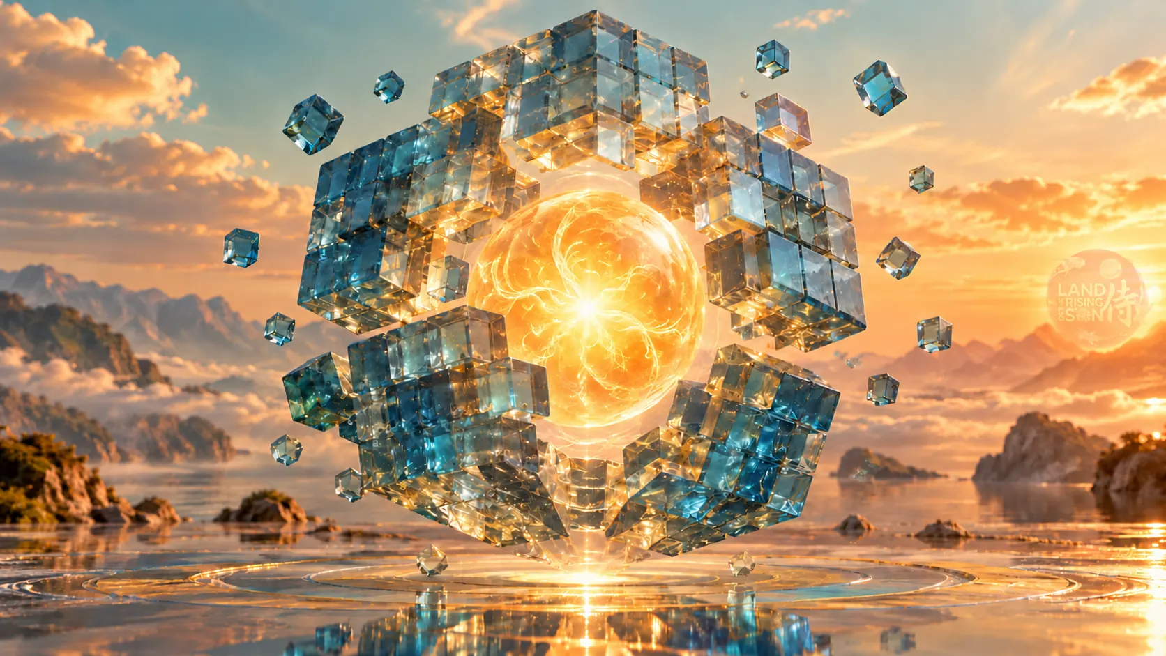 A cluster of glass cubes surrounds a glowing golden sphere above a calm sea at sunset.