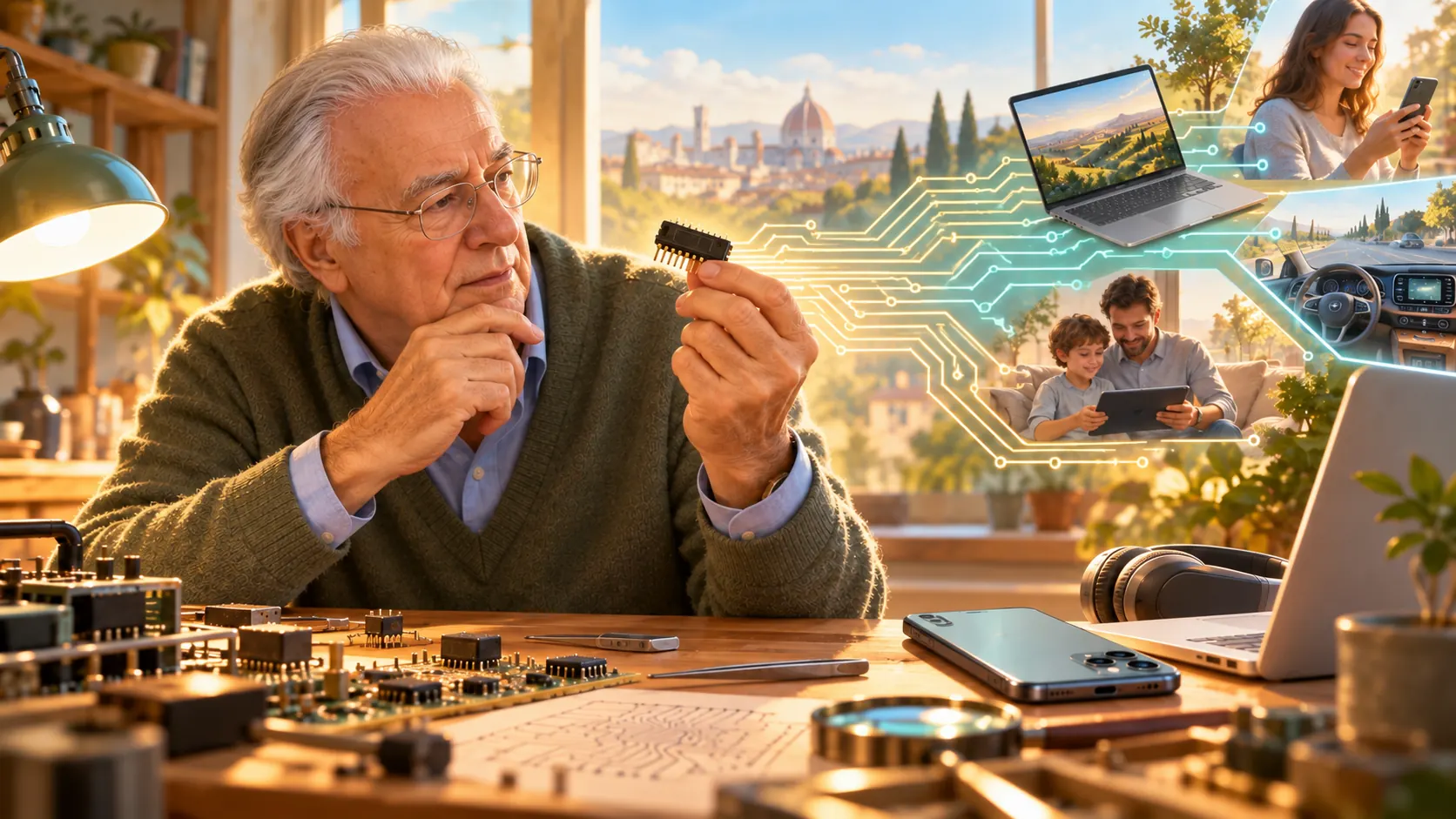 An older inventor studies a microchip at his workbench as circuit lines flow out to laptops, phones and families using everyday technology.