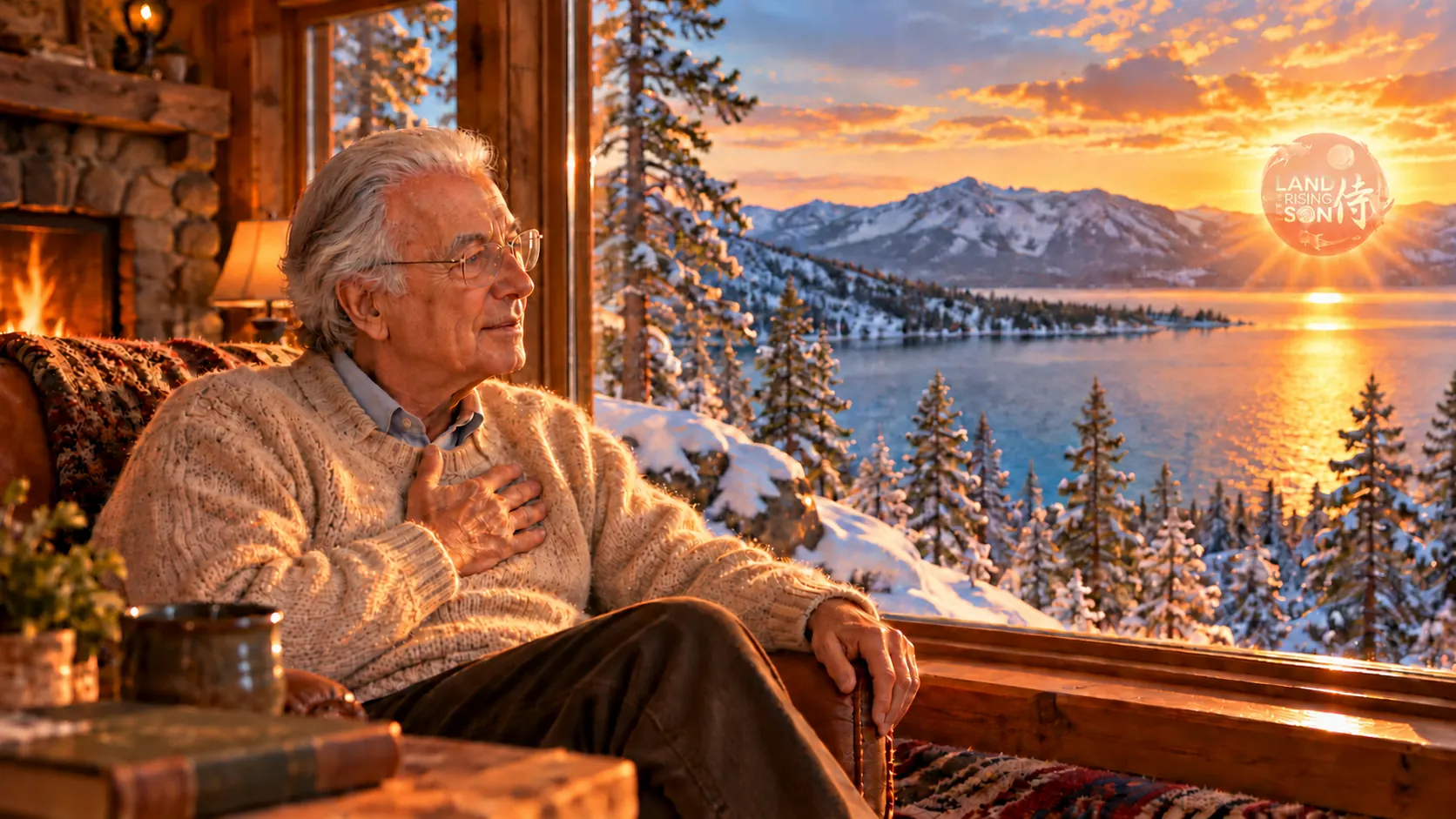 An older man sits by a window above a snowy lake at sunset, one hand on his heart.