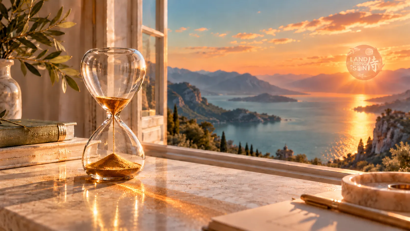 An hourglass stands on a marble sill before a sunlit coastline.