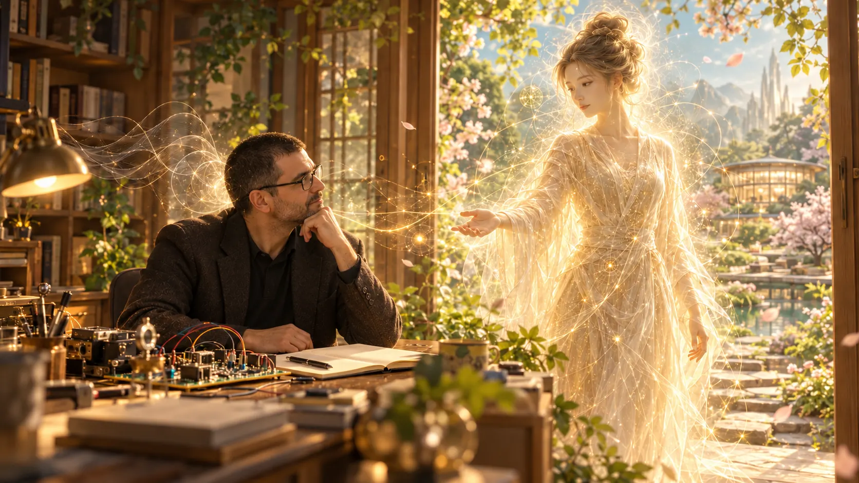 A man sits thoughtfully at a cluttered desk while a luminous figure of light reaches toward him.