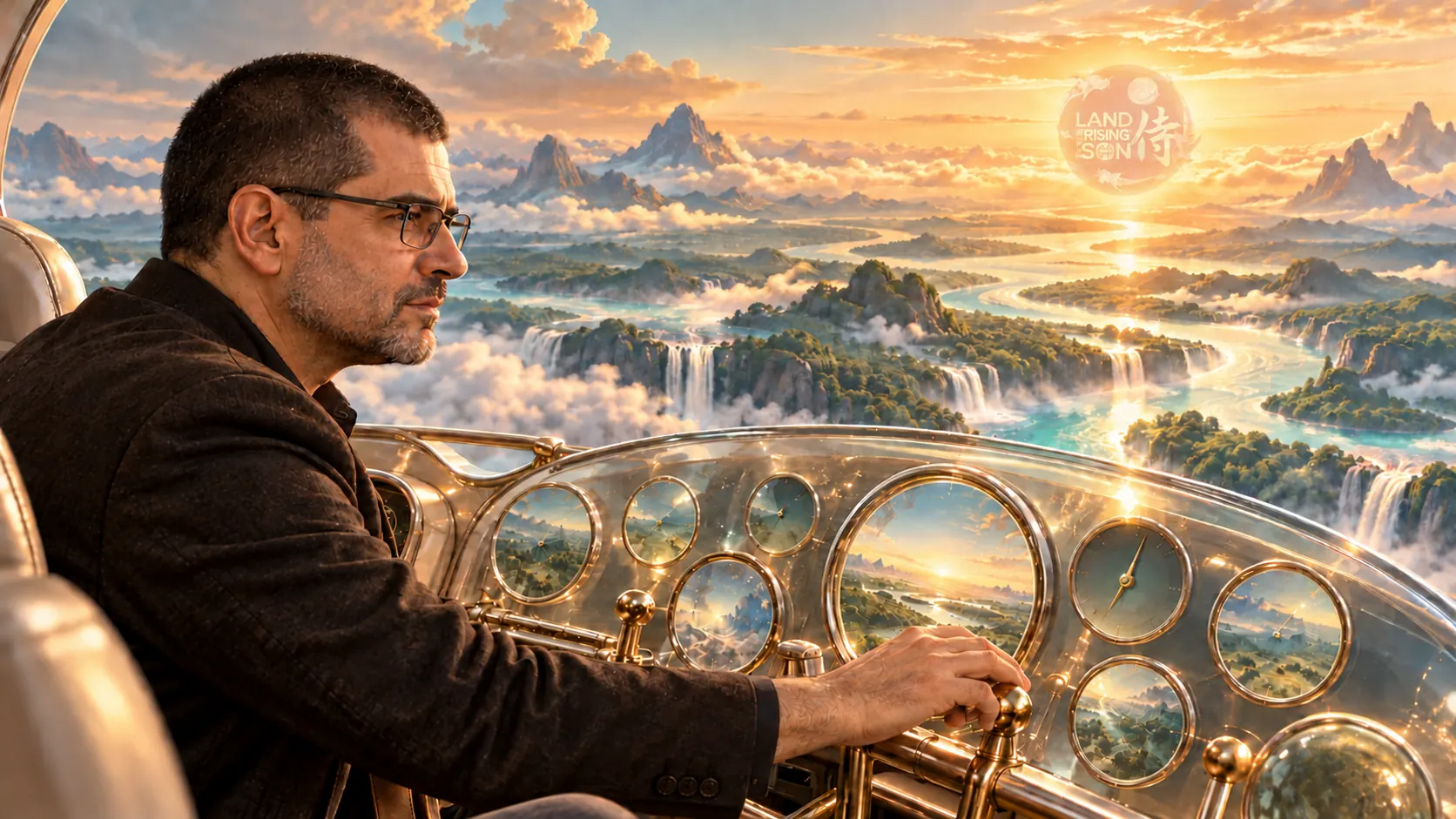 A man at the controls of a glass dashboard looks out over clouds, waterfalls and mountains.