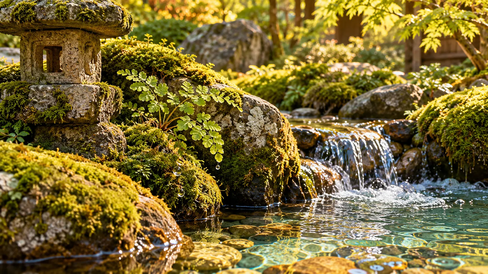 A moss-covered stone lantern beside a clear stream and small waterfall in a sunlit garden.