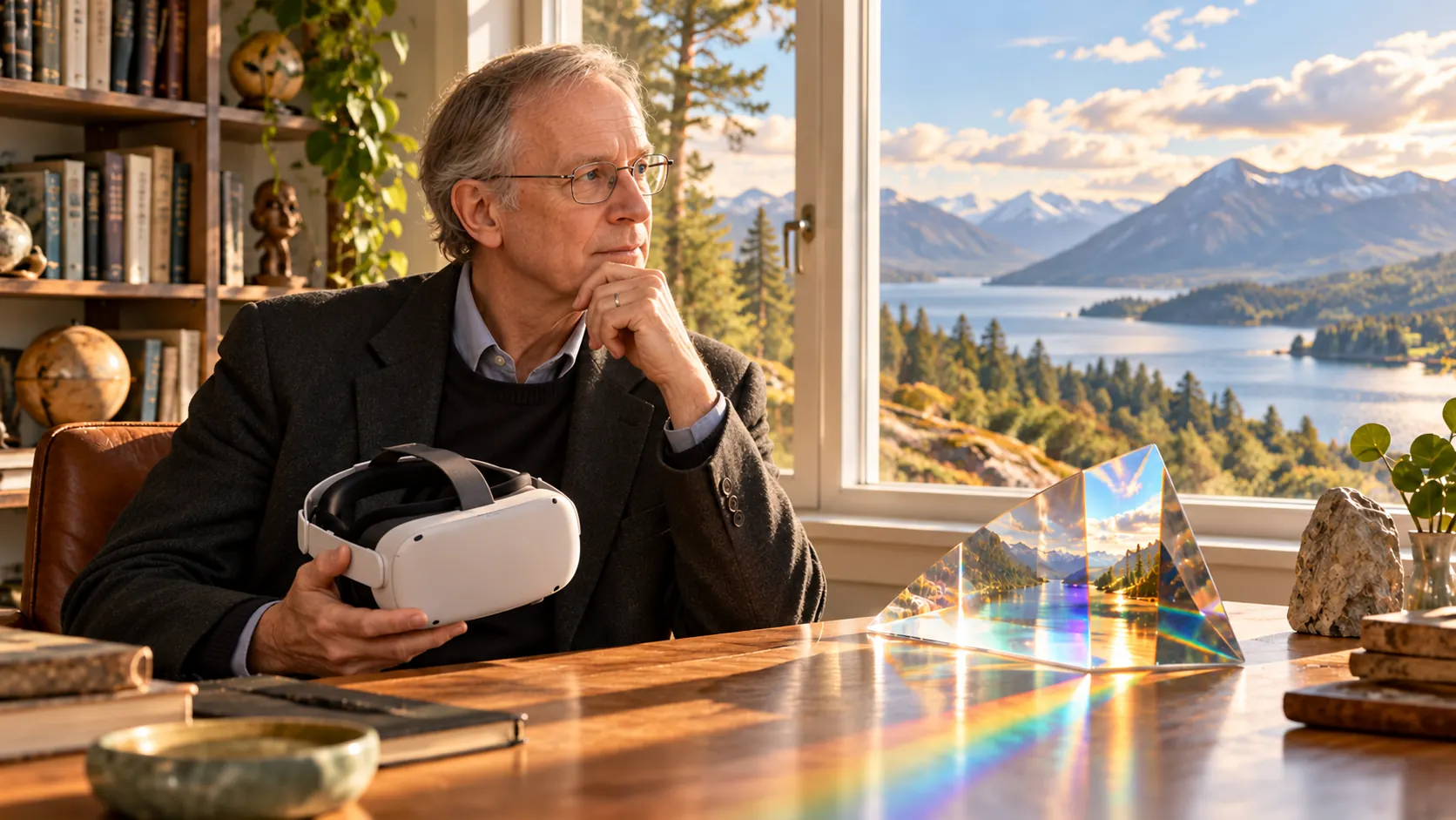 A man holds a virtual-reality headset at his desk beside a glass prism, with a lake and mountains beyond the window.