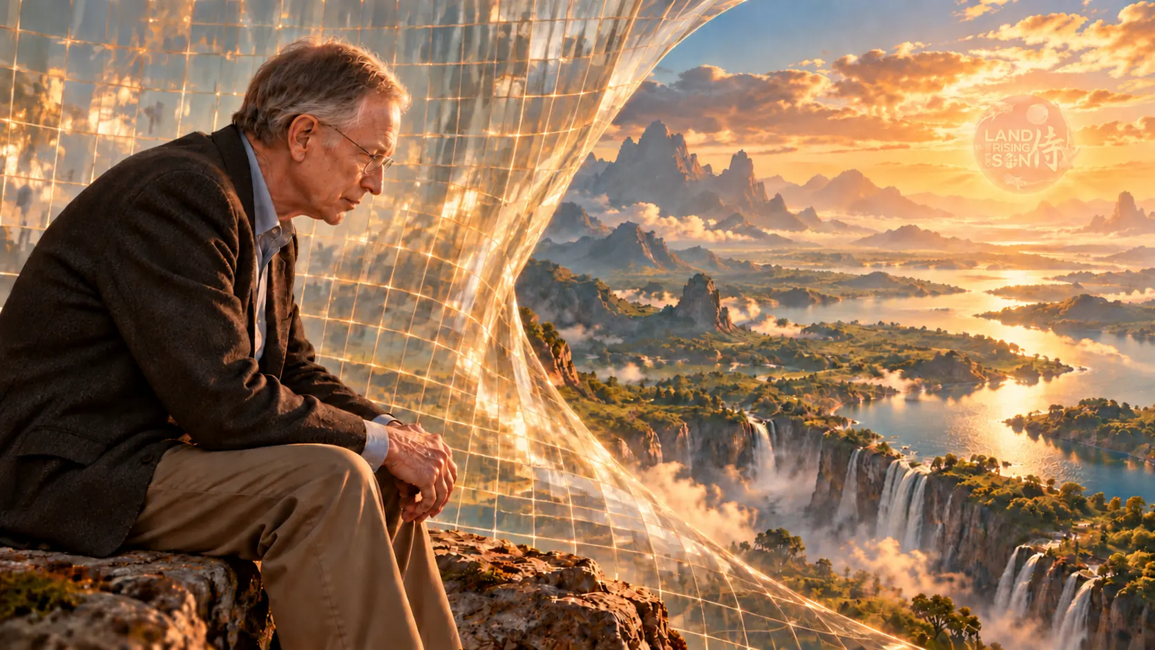 A man sits on a cliff edge as a translucent grid peels back from a vast landscape of waterfalls.