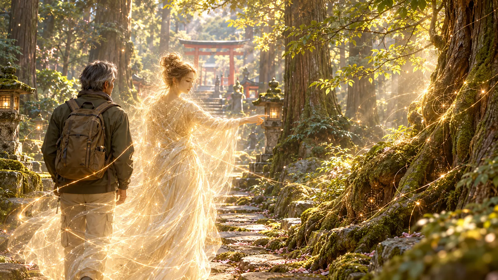A traveller with a backpack walks a forest path toward a torii gate, accompanied by a glowing figure of light.
