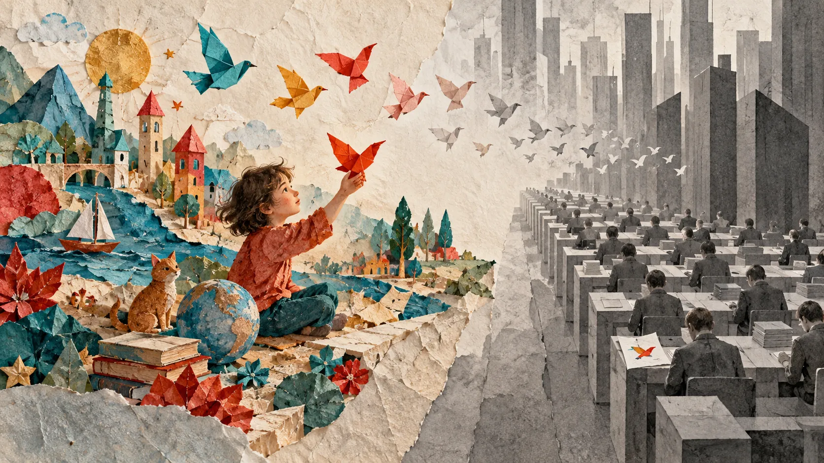 A paper-craft scene split in two: on the left a child in red reaches toward origami birds above a bright landscape; on the right rows of identical grey figures sit at desks beneath a monochrome city.