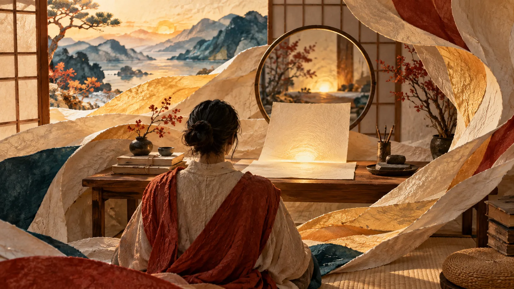A woman in a kimono sits with her back to us at a low desk in a Japanese room, a softly lit blank sheet propped before her, ribbons of handmade paper sweeping past a round window at sunrise.